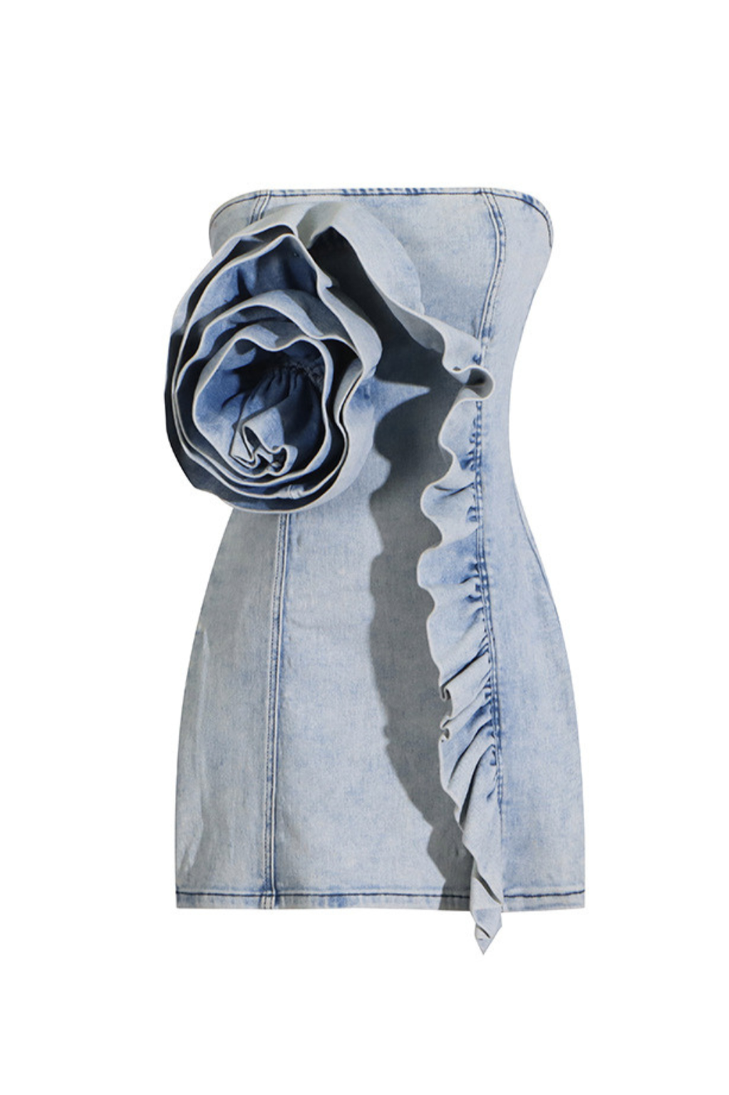 ALISON BLUE RUFFLED TRIM STRAPLESS DENIM MINI DRESS - Women's Fashion Summer Outfit for Beach, Party & Date Night