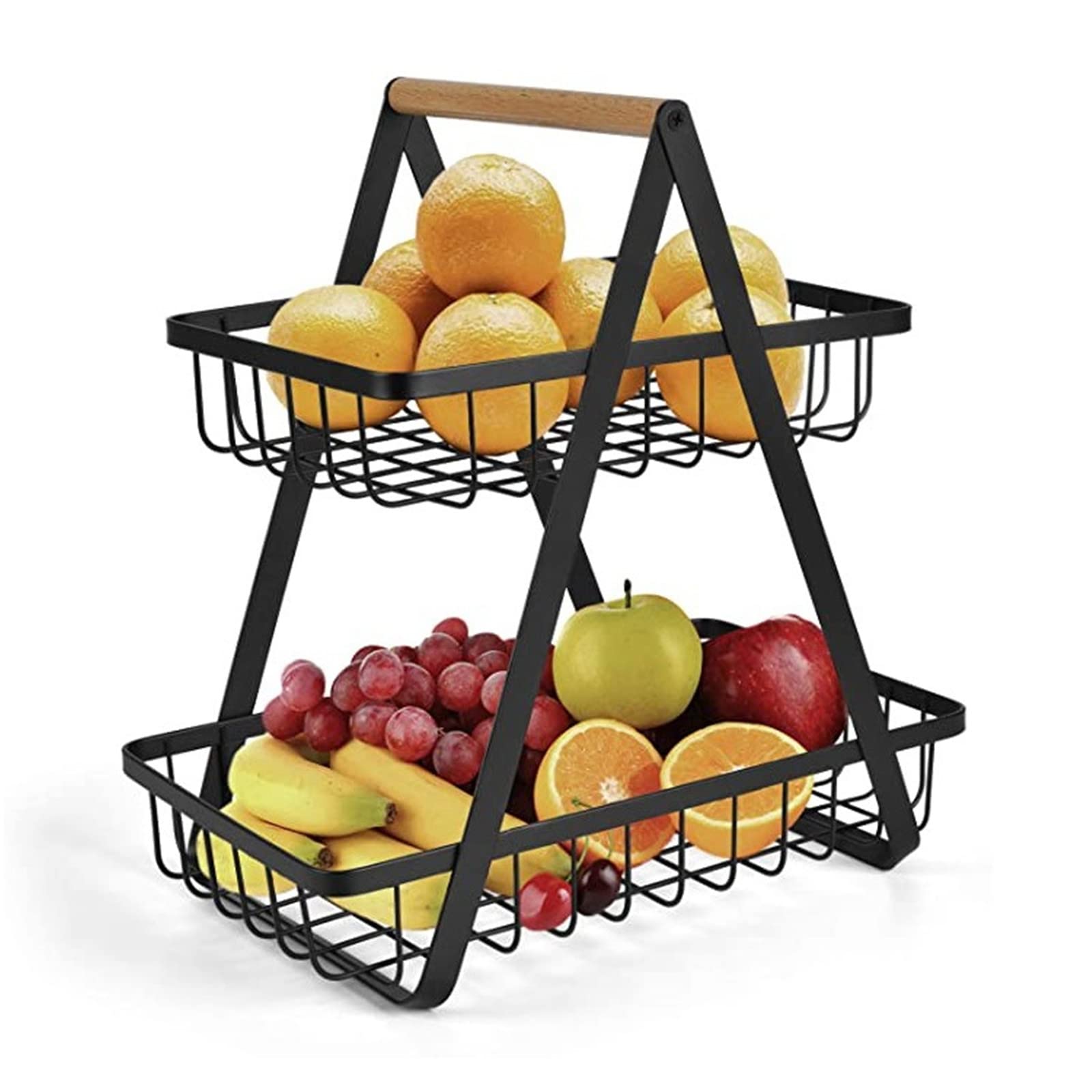 2-Tier Countertop Fruit Basket - Kitchen Organizer for Fruits, Bread & Vegetables - Removable Handle & Quick Drain Design - Antique Metal Black - Perfect for Kitchen Counter, Pantry & Dining Table Display