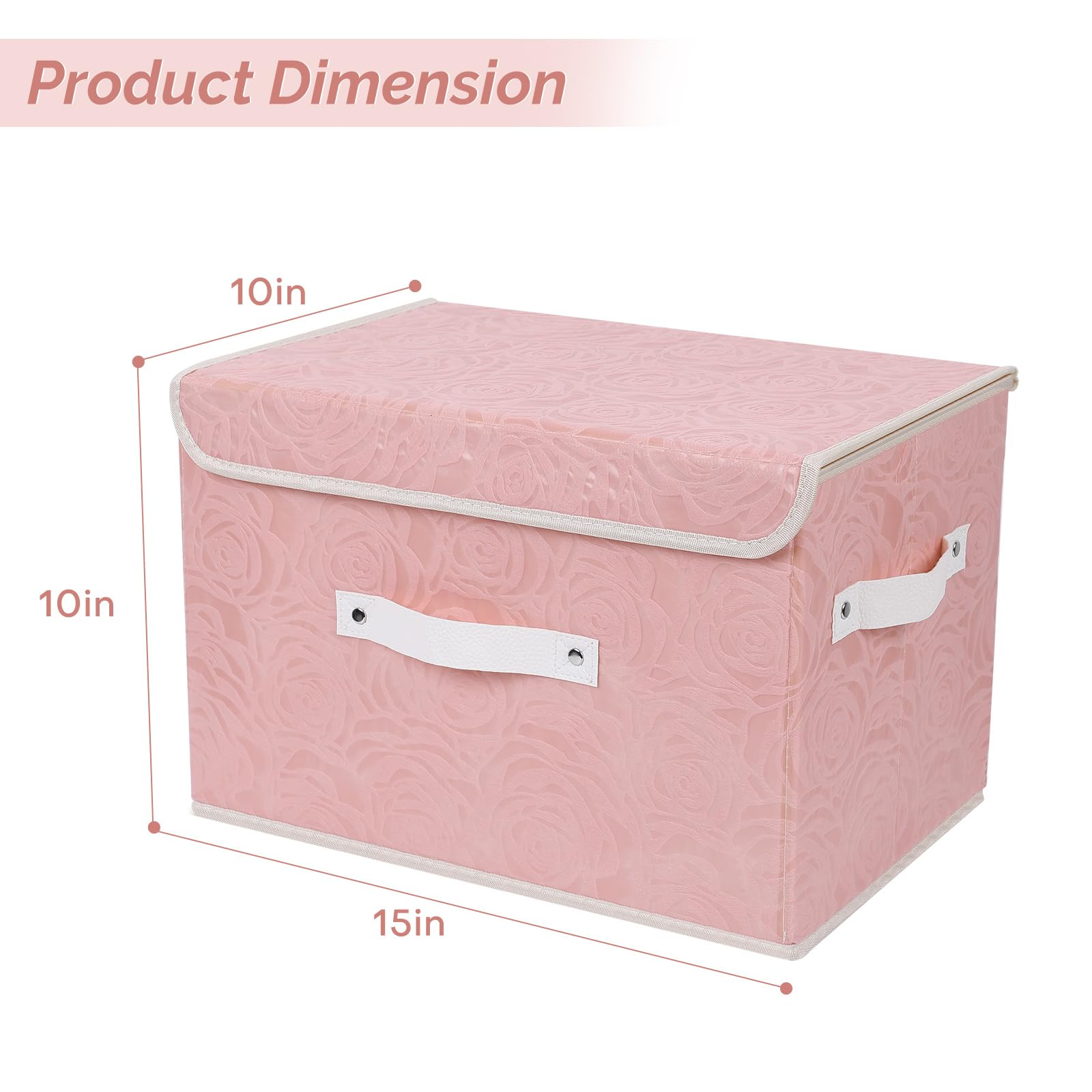 Lucky Monet Cute Storage Bin Boxes with Lids - Washable Decorative Fabric Storage Baskets, Collapsible PU Leather Handle Box Cubes for Shelf Closet Organizer (3-Pack, Pink, Large) - Perfect for Bedroom, Nursery & Home Organization