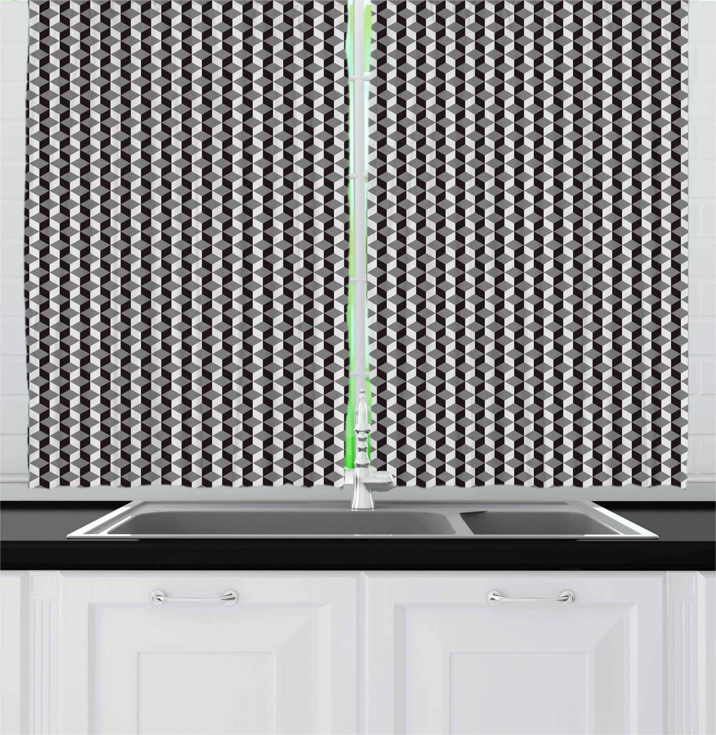 Ambesonne Geometric Black Grey Kitchen Curtains - Herringbone Zigzag & Stacked Cubes Design, 55