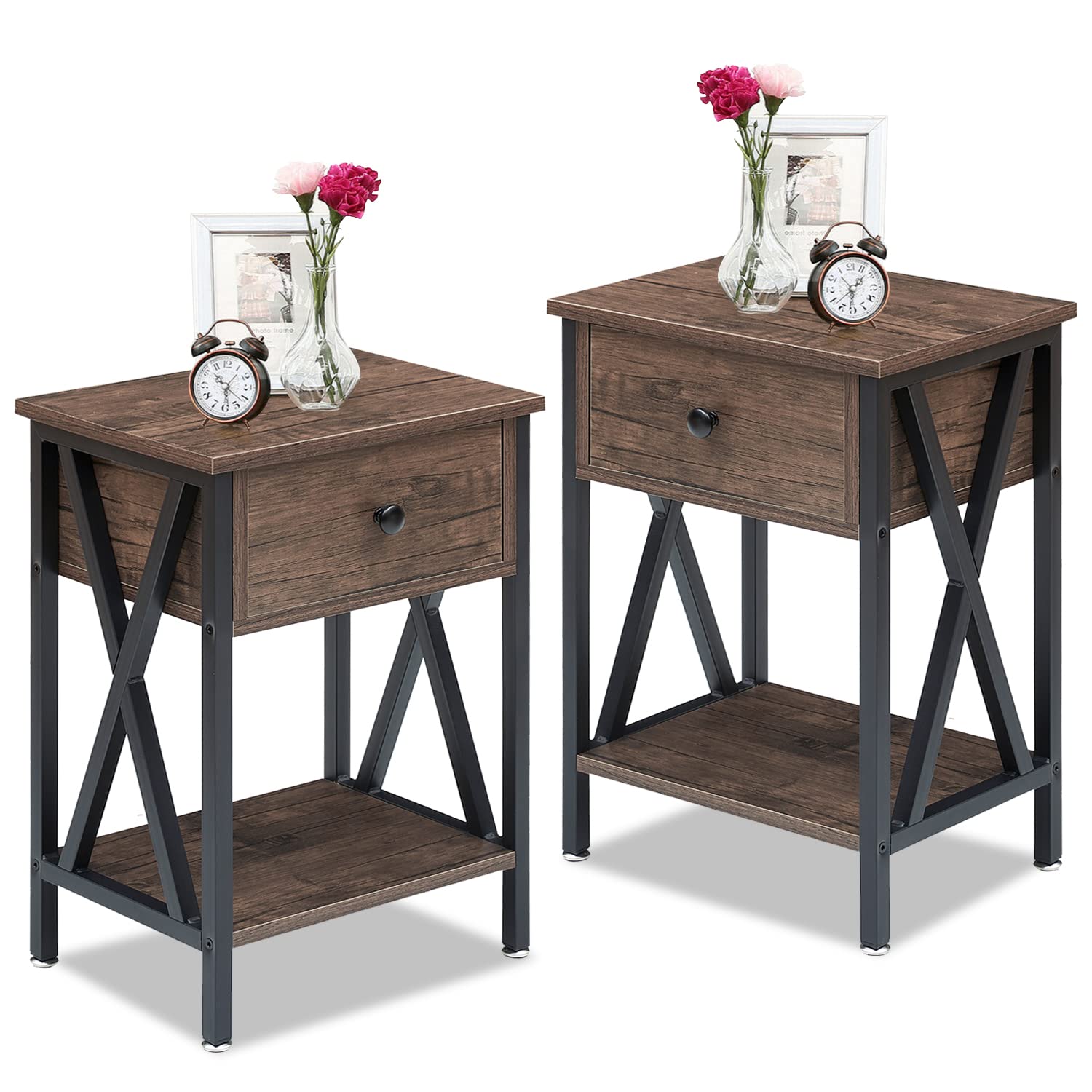 VECELO Vintage Nightstand Set of 2 - X-Shape Leg End Table with Drawer & Shelf, Waterproof Surface in Gray - Perfect for Bedroom, Living Room, Nursery or Guest Room Decor