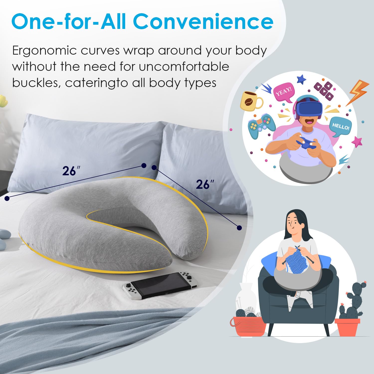 QUEEN ROSE Ergonomic Reading Pillow for Gaming, Bed & Sofa - Lap Desk Pillow with Arm Support for Reading, Playing, Crocheting - Cooling Grey - Perfect for Relaxing in Bed, Gaming Sessions & Crafting Activities