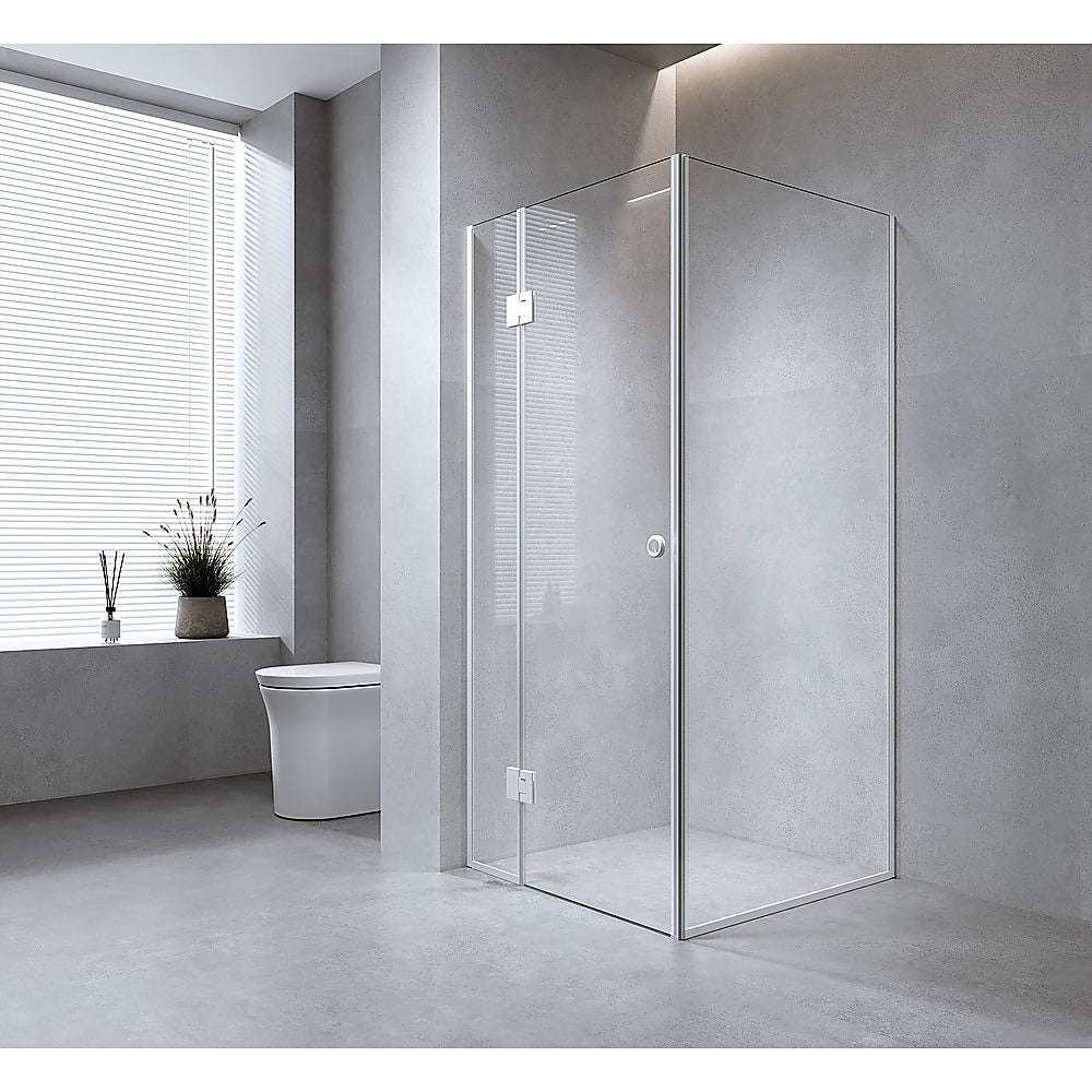 100x100cm Frameless Corner Shower Screen with White Channel & Stainless Steel Hinges - Perfect for Modern Bathroom Renovations and Space-Saving Designs