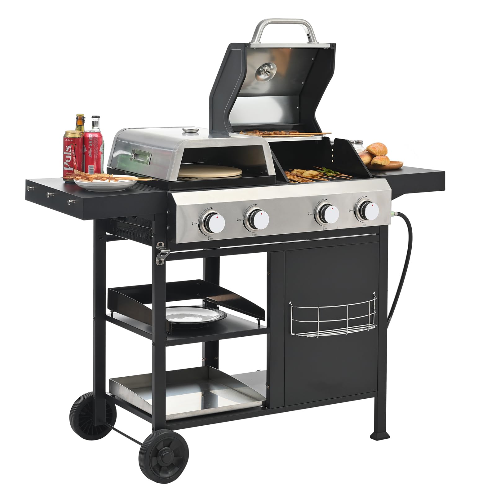 **49,200 BTU Propane Gas Grill with Burner Griddle & Side Tables - Multi-Function BBQ Grill with Wheels for Camping, Backyard, Tailgating & Outdoor Cooking - Portable Black Grill**