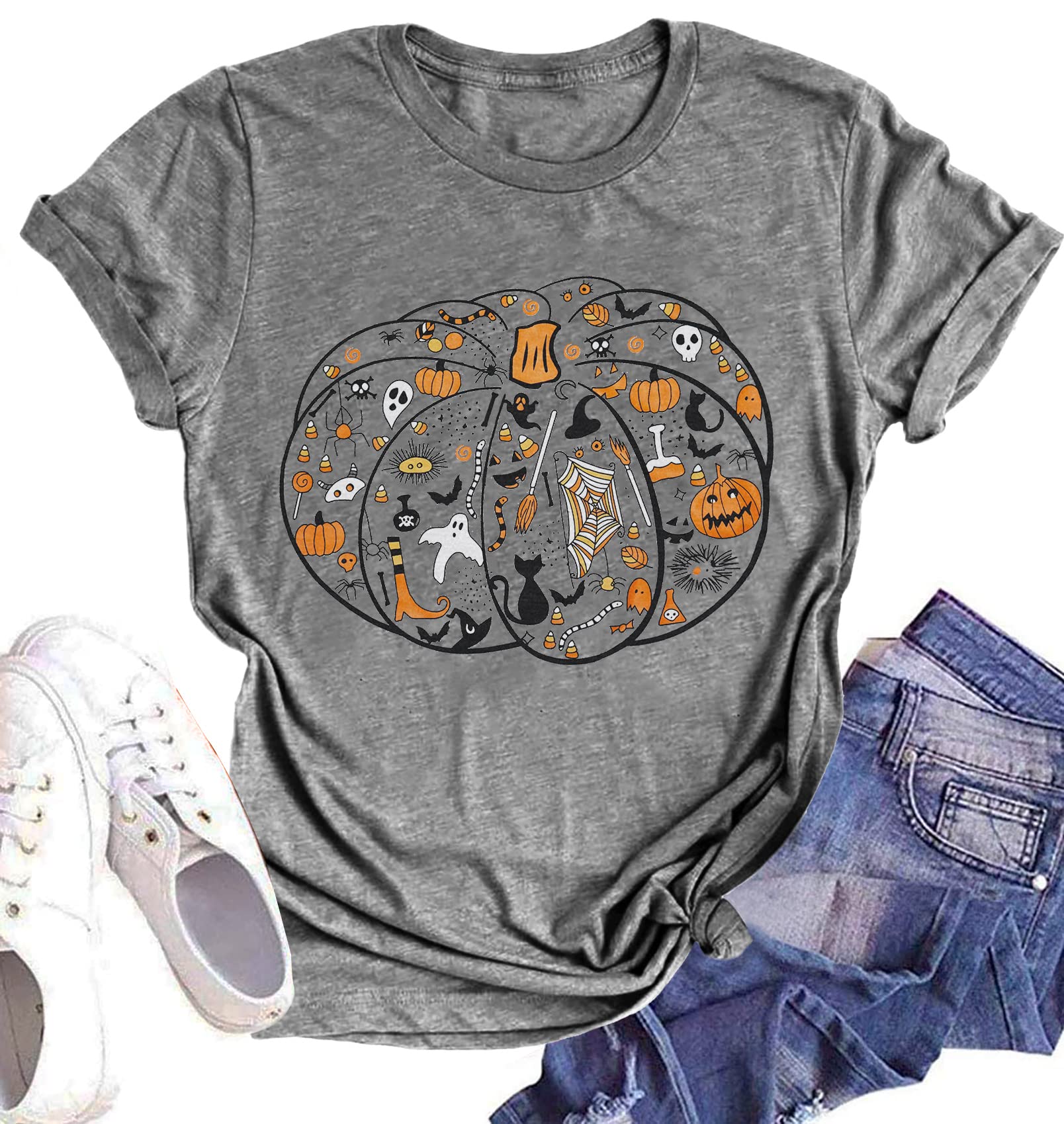 Women's Halloween Pumpkin Leopard Graphic Short Sleeve T-Shirt | Fall Thanksgiving Casual Top | Perfect for Costume Parties, Autumn Outings & Holiday Gifting