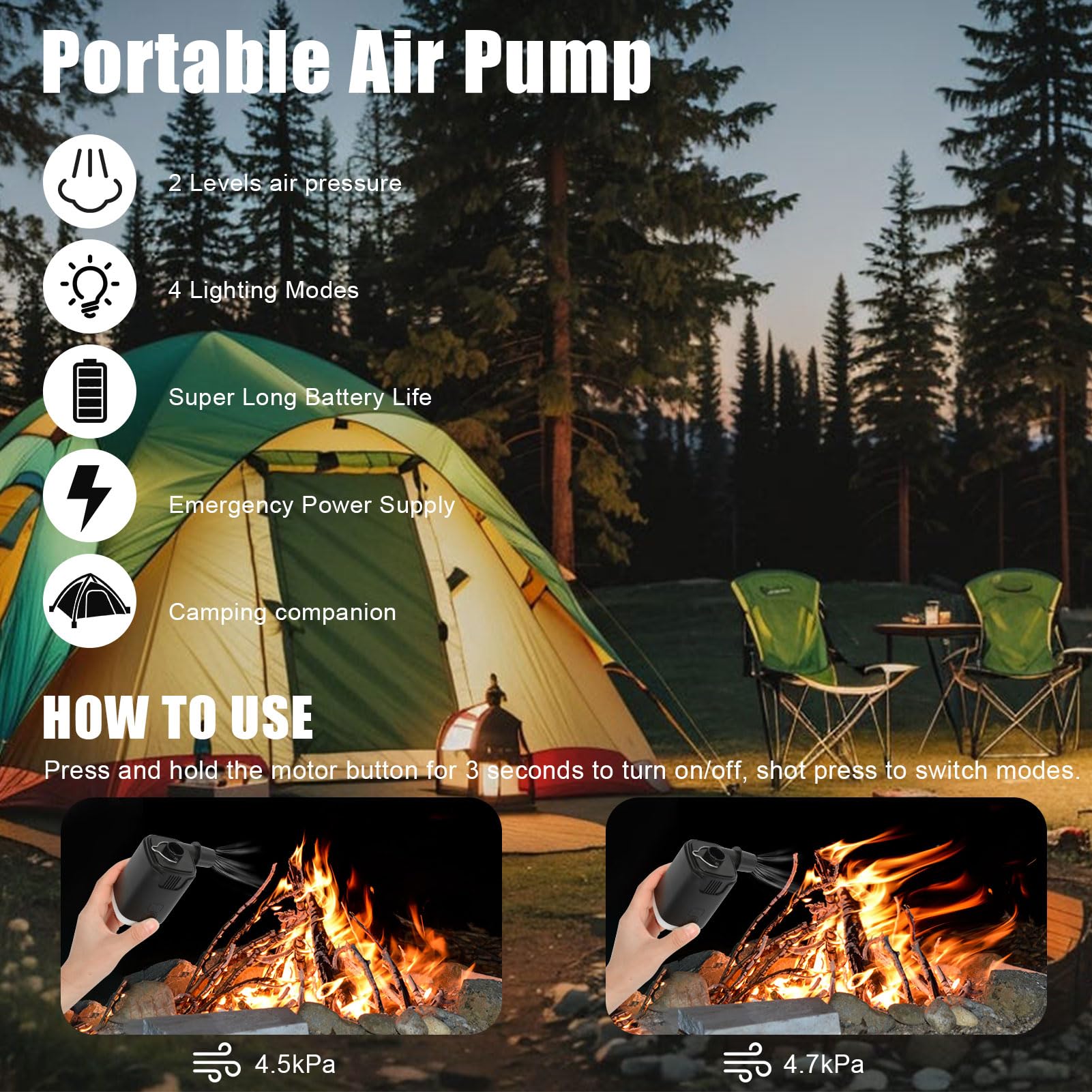 Portable Air Pump 4.5Kpa - Mini Rechargeable Electric Pump for Inflatable Mattress, Boat, Pool Floats & Vacuum Bags - 4000mAh Battery with LED Light - Fast Inflation & Deflation - Perfect for Camping, Travel & Home Storage