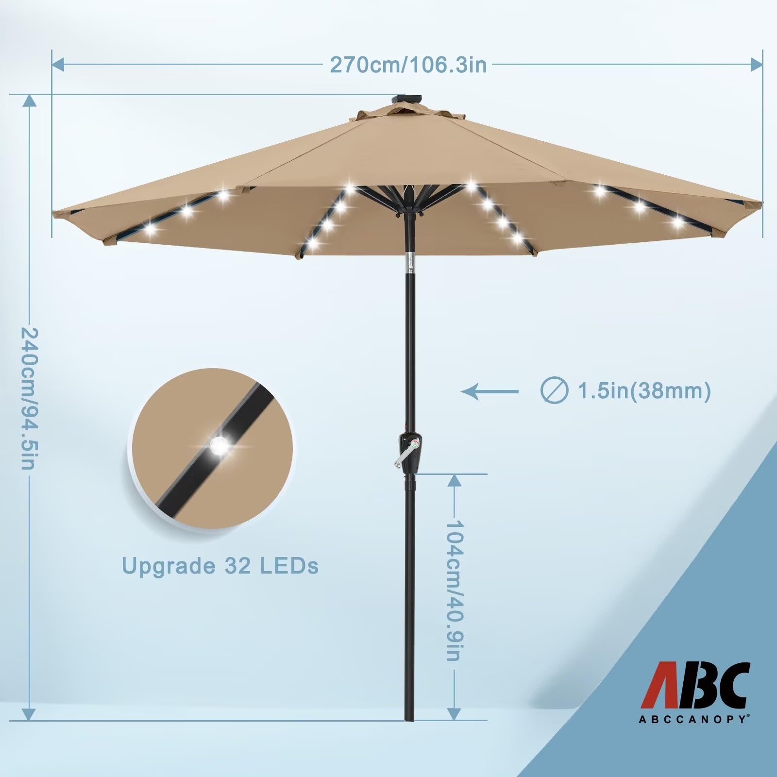 Durable 9FT Solar LED Patio Umbrella with 32 Lights - Khaki Color | Weather-Resistant Outdoor Shade for Garden, Poolside & Backyard Relaxation