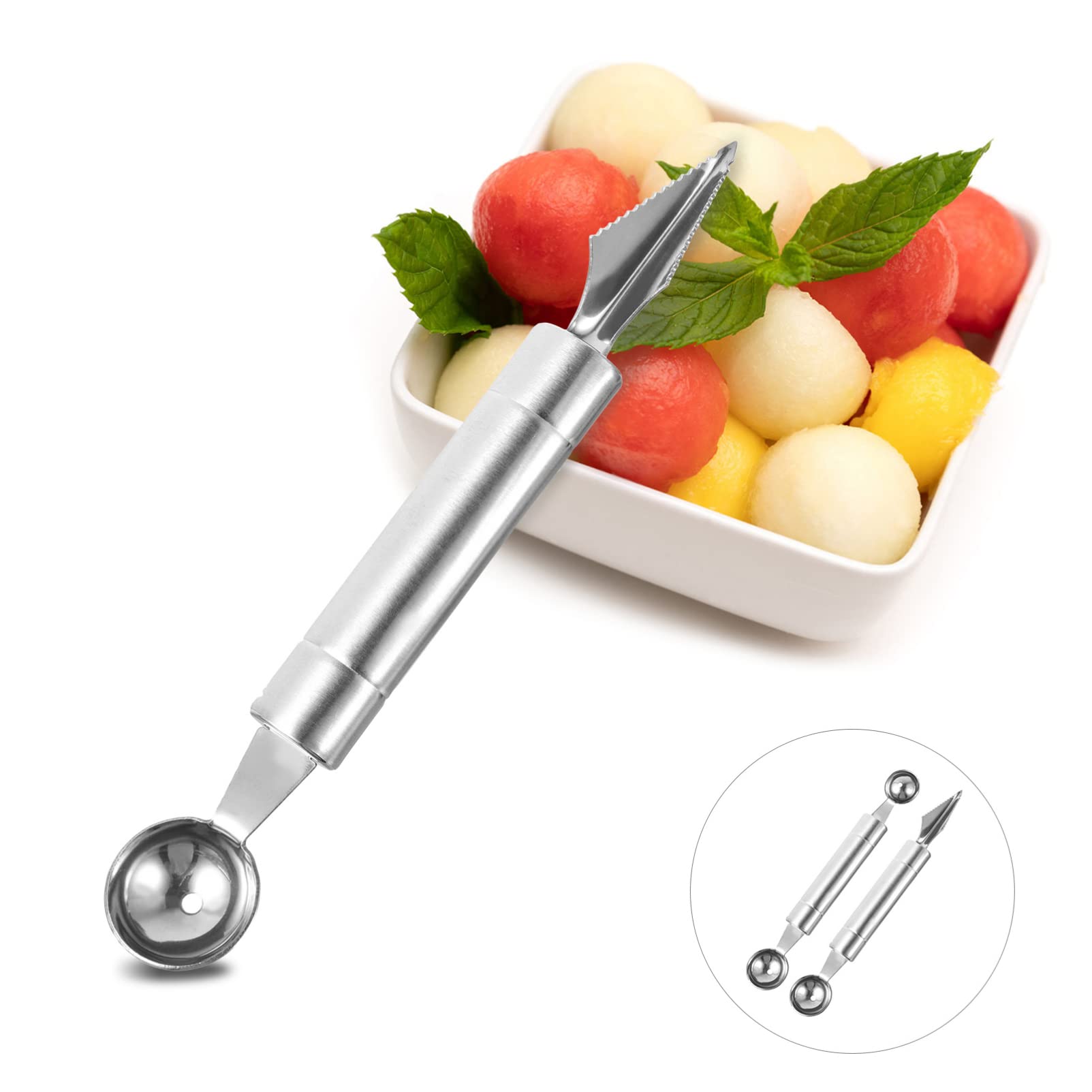 2-Pack Stainless Steel Fruit Scoop & Cutter Set - Professional Fruit Carving Tools for Melon, Apple, Kiwi - Perfect for Kitchen, Fruit Platters, and Party Decorations