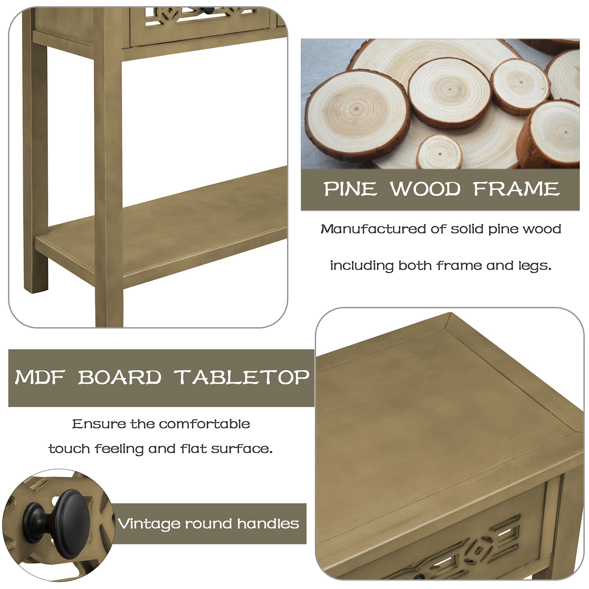 RUNNA Classic Console Table with Hollow-Out Design, Sofa Side Table with 2 Drawers & Open Shelf, Entryway Table for Living Room, Bedroom, Hallway - Gold & Wood Finish | Perfect for Home Decor, Small Space Furniture & Apartment Essentials