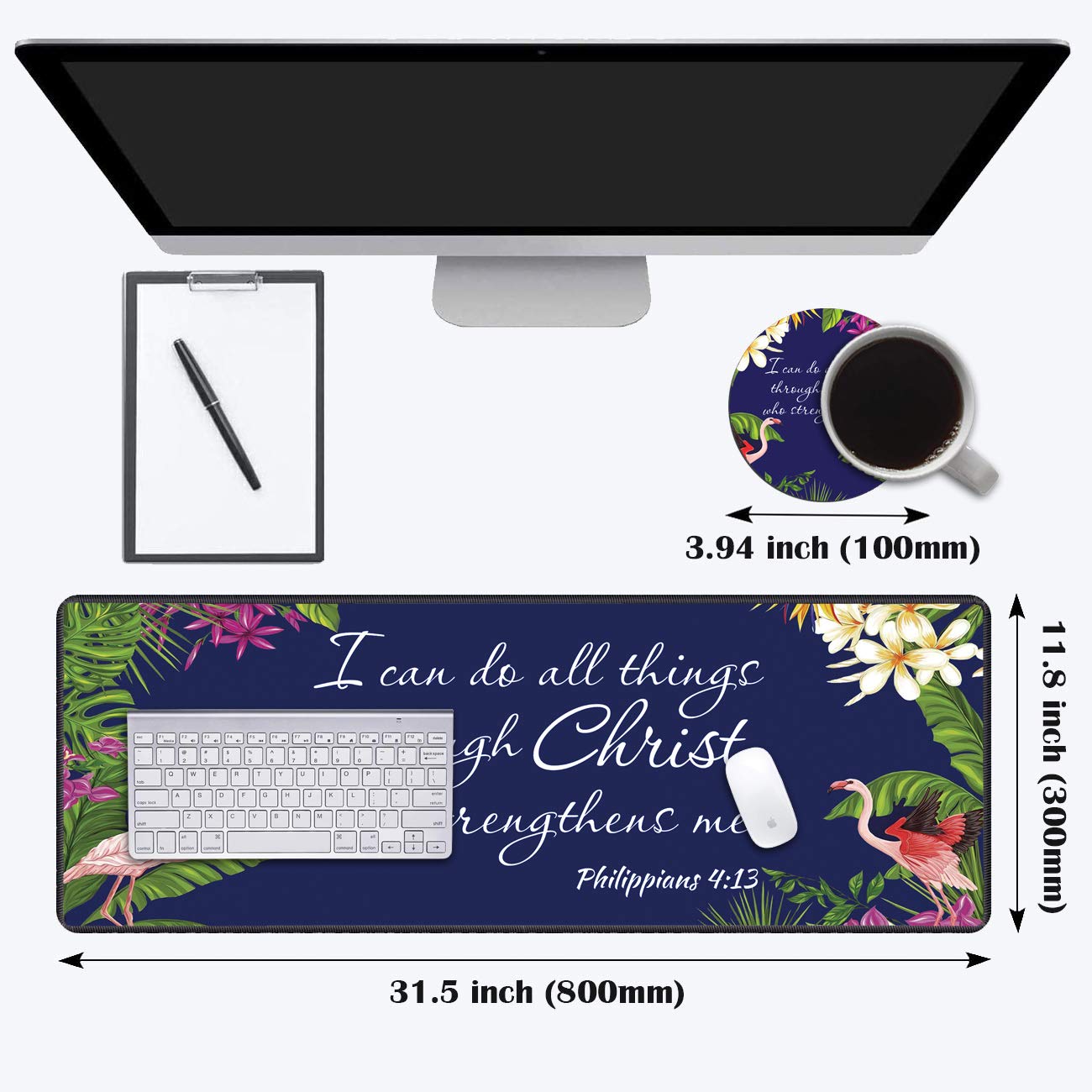 XXL Non-Slip Gaming Mouse Pad with Coasters - Large Desk Mat with Stitched Edges for PC, Laptop & Office Work - Christian Bible Verse Phil 4:13 Inspirational Design - Perfect for Home Office, Gaming Setup & Workstation Accessories
