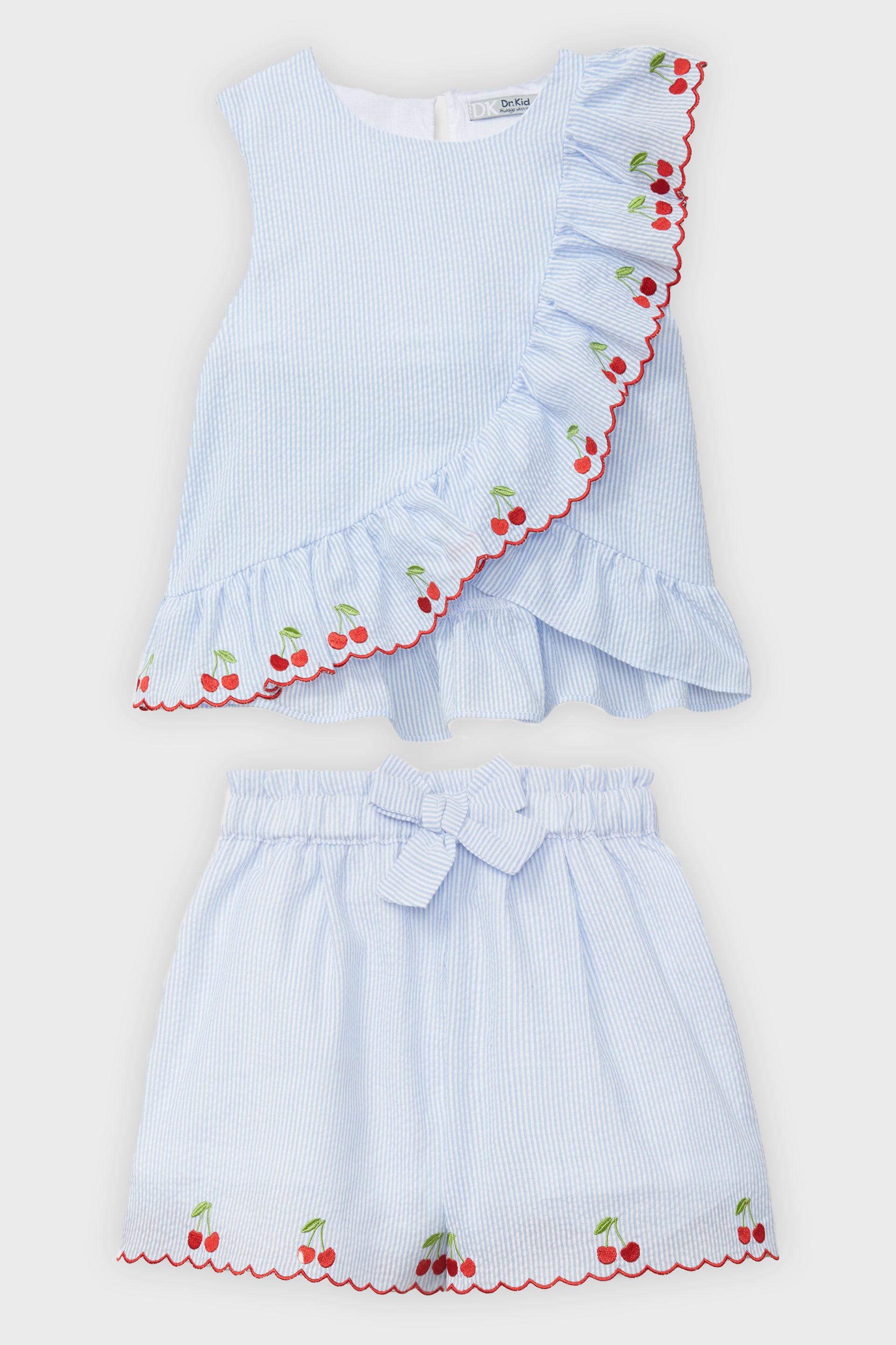 Stylish Blue Striped Cherry Print Top & Shorts Set - Women's Summer Outfit for Beach, Vacation & Casual Wear