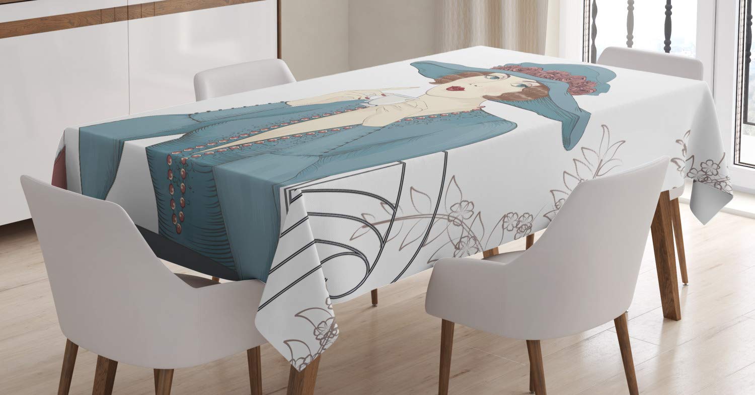 Ambesonne Vintage Woman Tablecloth - Portrait of a Woman with Coffee, 52