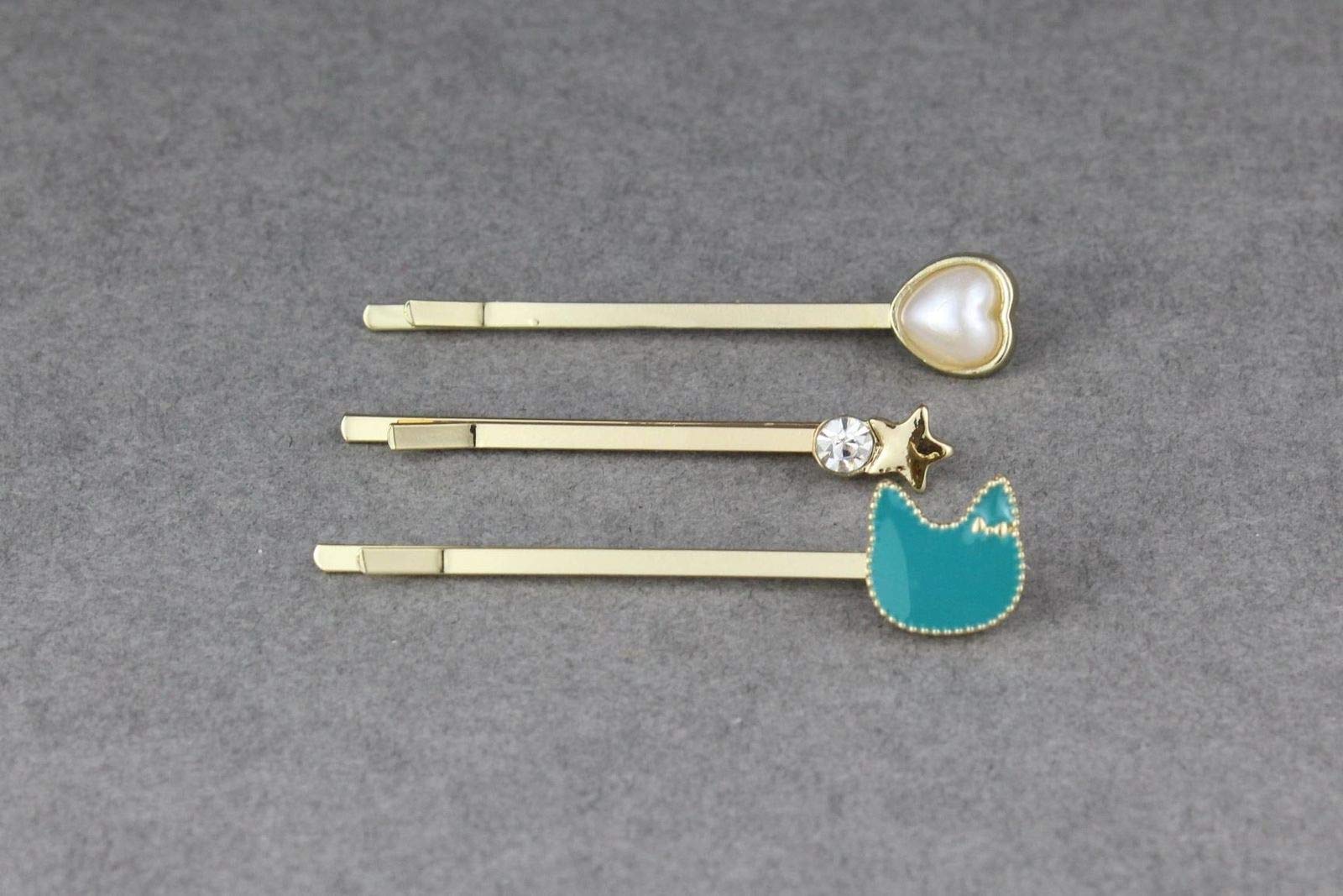 3-Piece Cat & Star Hair Clips Set with Faux Pearls - Gold Bobby Pins & Teal Barrette Hairpins for Women | Perfect for Parties, Weddings & Everyday Styling