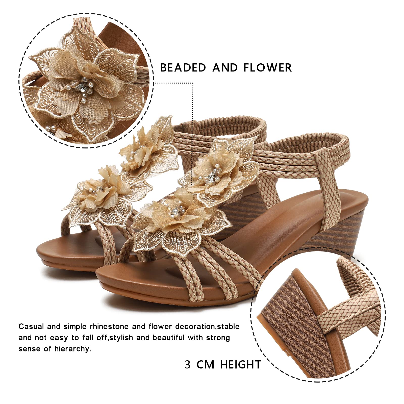 Women's Saralris Wedge Sandals - Peep Toe Cutout Design with Rhinestones, Mid Heel & Breathable for Beach, Summer & Casual Outfits
