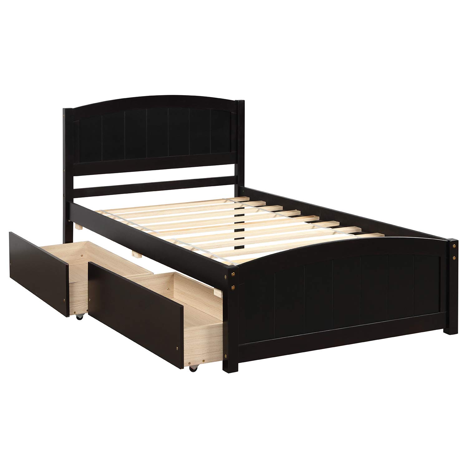 Harper & Bright Designs Twin Bed Frame - Solid Wood Platform Bed with 2 Storage Drawers, Headboard & Footboard, Wood Slat Support (Espresso) - Perfect for Kids Rooms, Guest Bedrooms & Small Spaces
