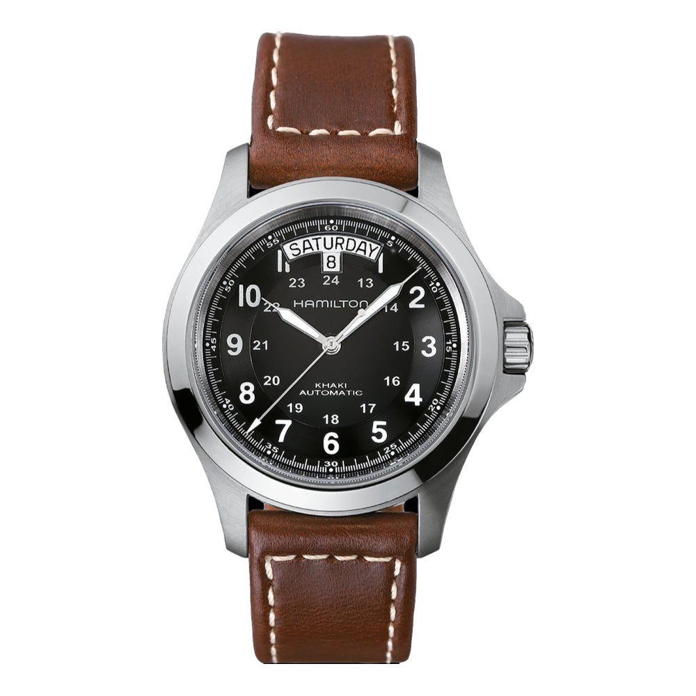 Khaki Field King Auto 40mm Black Leather Strap Watch - Military Style Men's Timepiece for Outdoor Adventures & Casual Wear