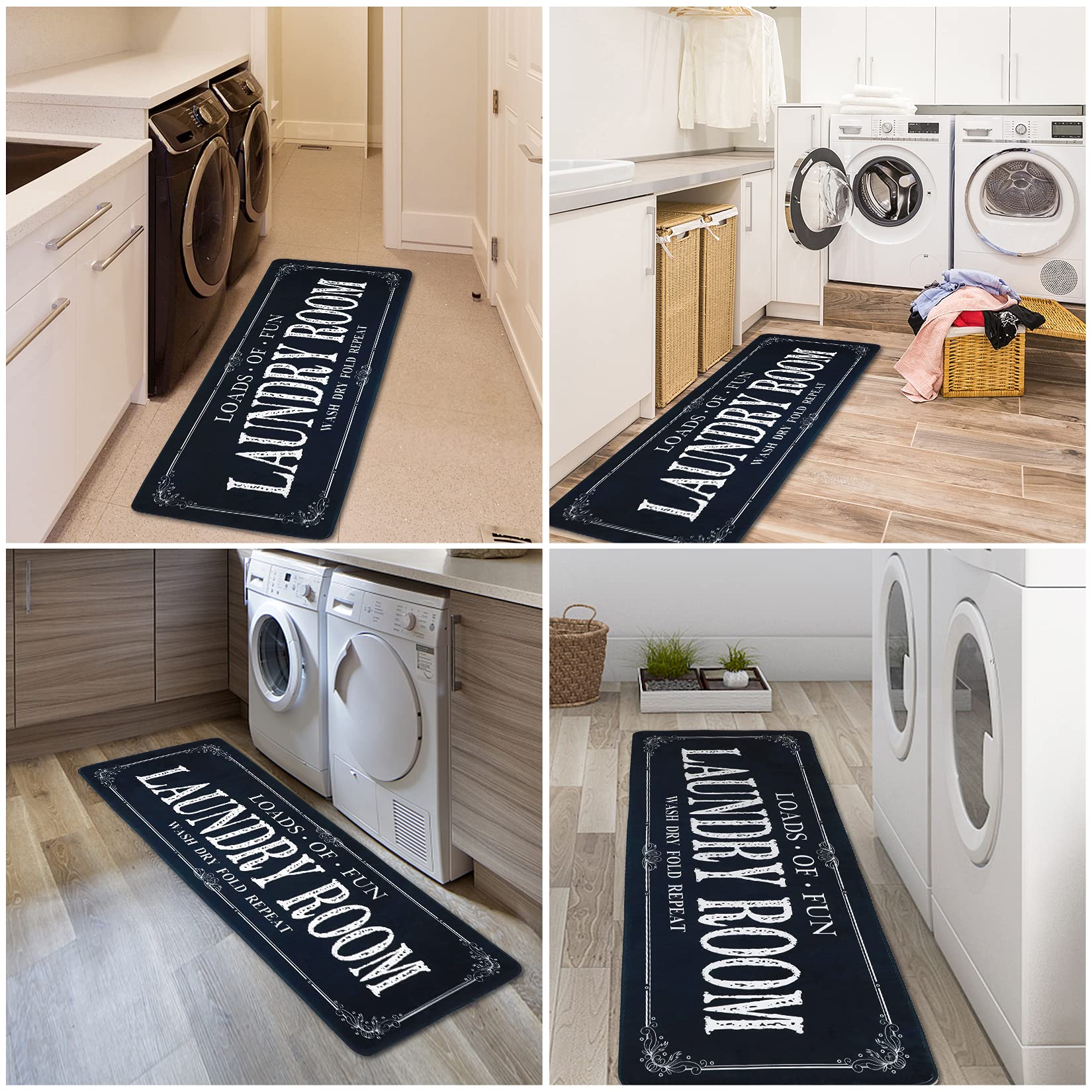 Non-Slip Laundry Room Rug Runner - 2'x6' Washable Farmhouse Kitchen Floor Mat for Bathroom, Mudroom & Laundry Room Decor (Black) | Perfect for High-Traffic Areas & Pet-Friendly Homes