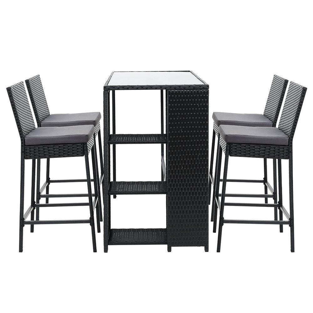 5-Piece Outdoor Bar Set - Rattan Wicker Patio Dining Chairs & Table with Stools for Backyard, Garden, Poolside or Deck Entertainment