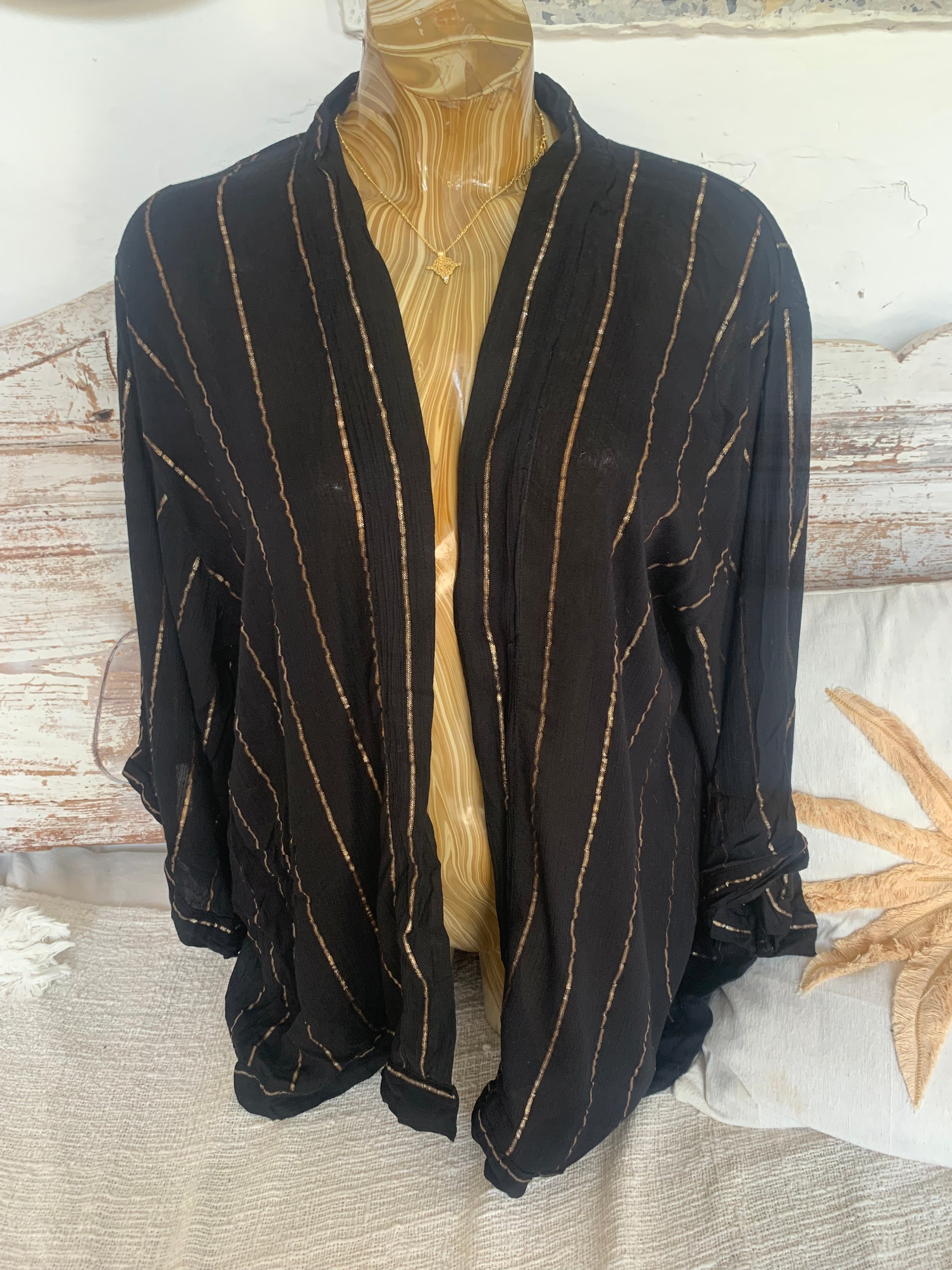 Elegant Short Kimono Robe with Lurex Trim in Black - Perfect for Lounging, Spa Days, and Summer Cover-Ups