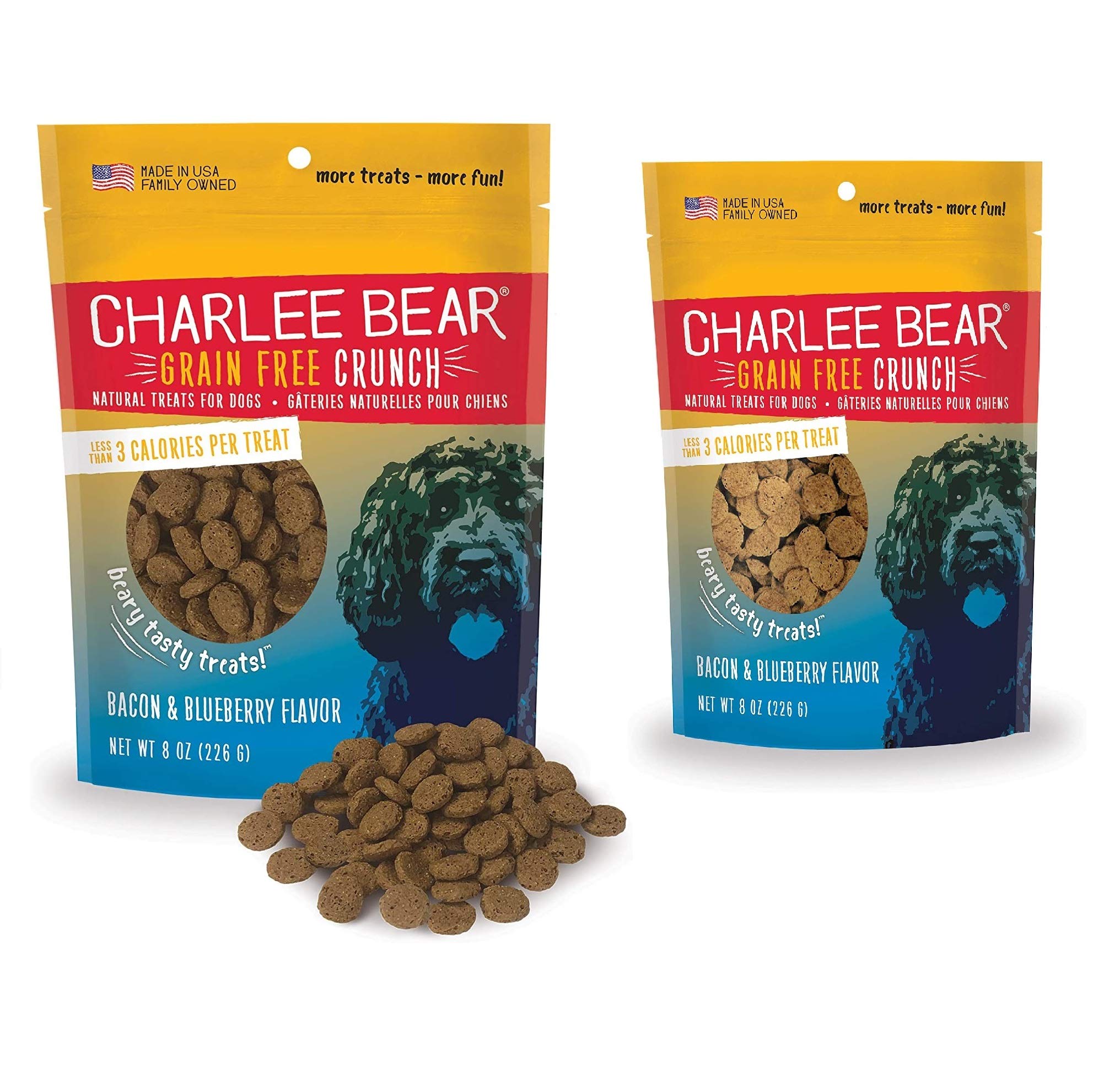 Charlee Bear Dog Training Treats for Small, Medium & Large Breeds - Crunchy Grain-Free Low Calorie Dog Snacks - Made in USA - Bacon & Blueberry Flavor (2 Pack, 8oz Each) - Perfect for Obedience Training & Positive Reinforcement