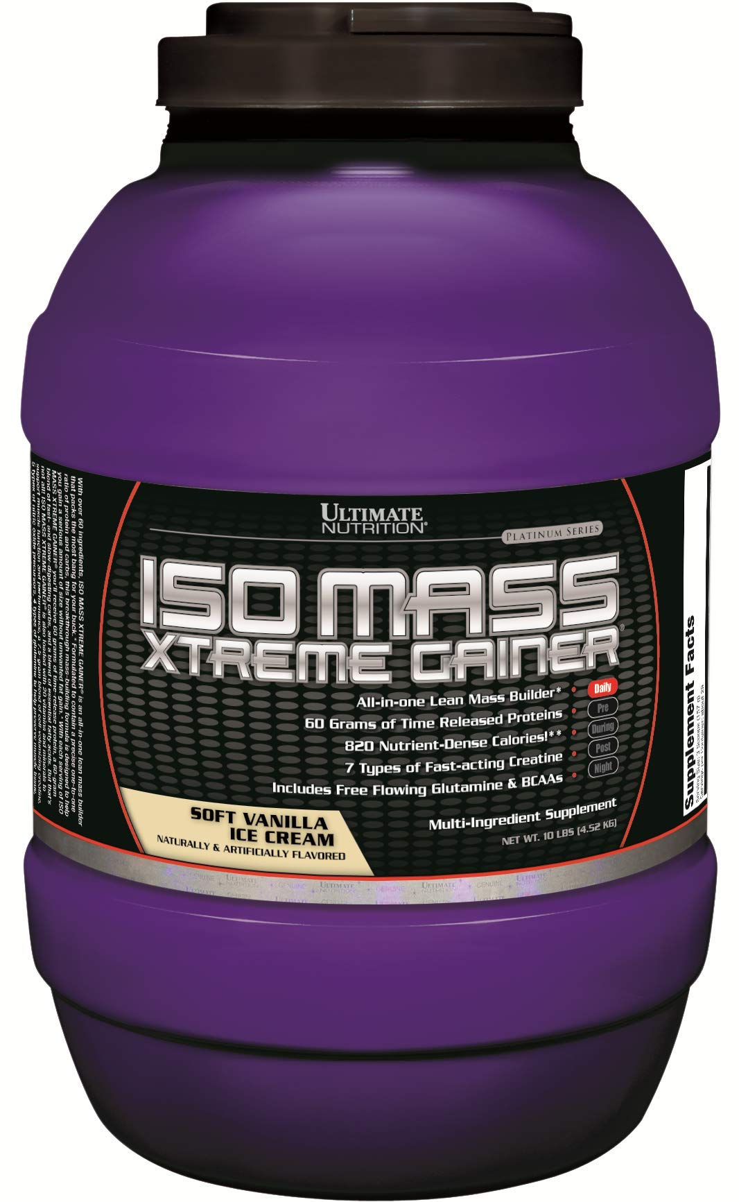 Ultimate Nutrition ISO Mass Xtreme Gainer - 10LBS Whey Protein Powder with Creatine for Muscle Growth | 60g Protein per Serving | Vanilla Ice Cream Flavor | Post-Workout Recovery & Lean Muscle Building Supplement