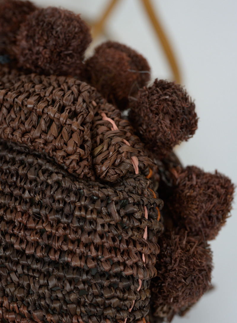 Jamin Puech Straw Borsina Handbag with Pom Pom - Brown Woven Crossbody Bag for Women | Perfect for Beach, Travel and Everyday Use