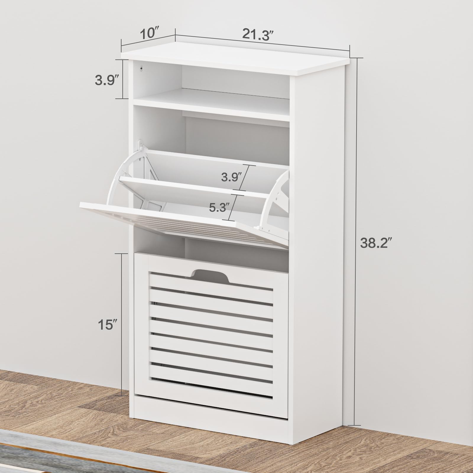 White Shoe Storage Cabinet with 2 Flip Drawers & Top Cubby - Slim Free Standing Shoe Rack Organizer for Entryway, Hallway, Closet - Perfect for Small Spaces & Apartment Living