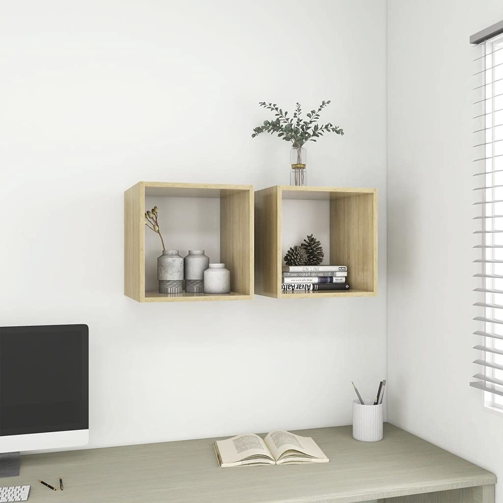 Floating Wall Cabinet Set of 2 - White & Sonoma Oak Wall Mounted Storage Shelf (14.6