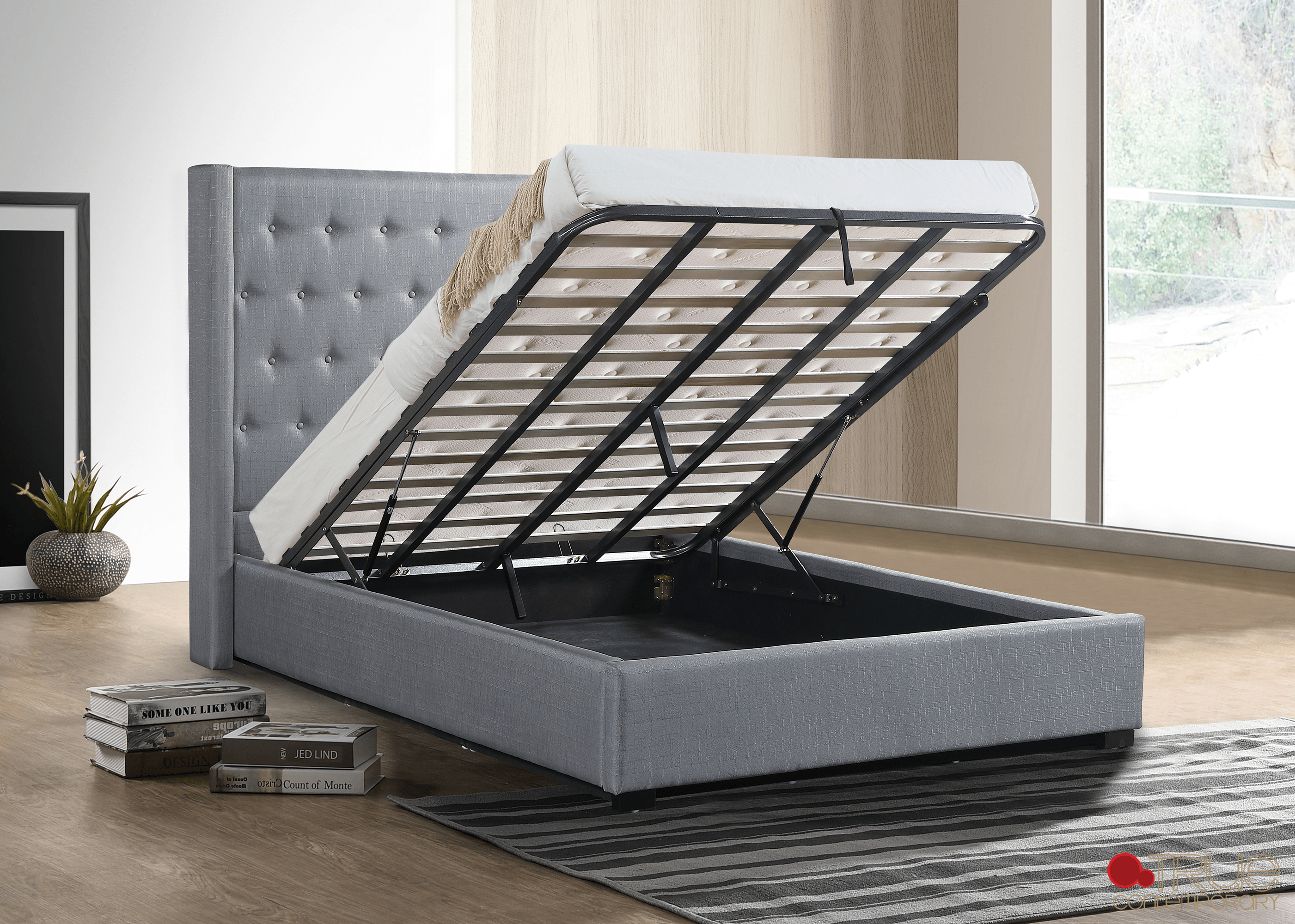 Saunderson Tufted Wingback Lift Up Storage Platform Bed - Grey Linen Fabric - Queen & King Size Options - Perfect for Small Bedrooms & Guest Rooms