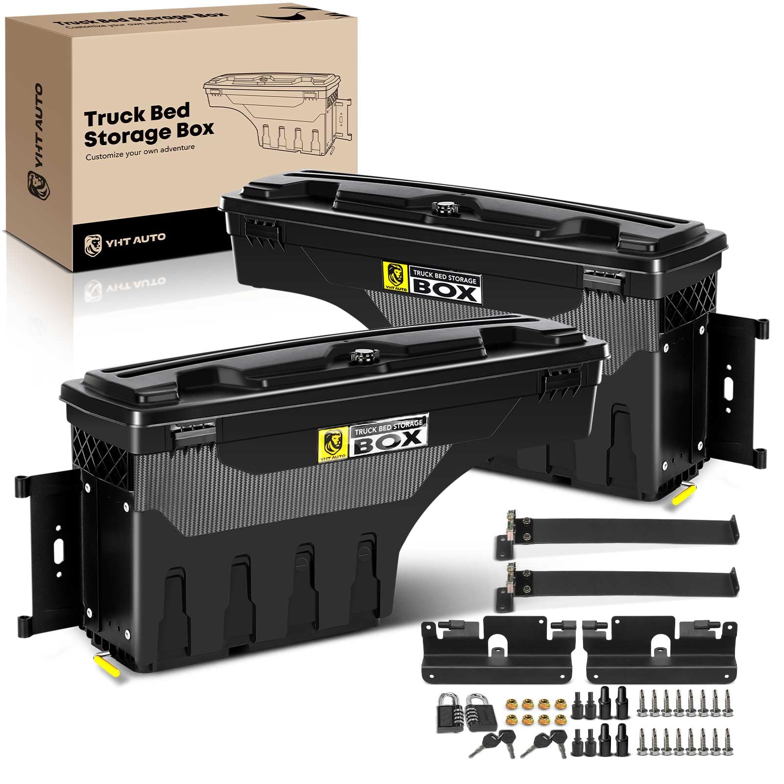 YHTAUTO Set of 2 Lockable Truck Bed Tool Boxes - Waterproof Swing Tool Storage Compatible with 2007-2018 Chevy Silverado & GMC Sierra 1500/2500/3500/3500HD (No Bed Rail) - Perfect for Organizing Tools, Equipment & Outdoor Gear
