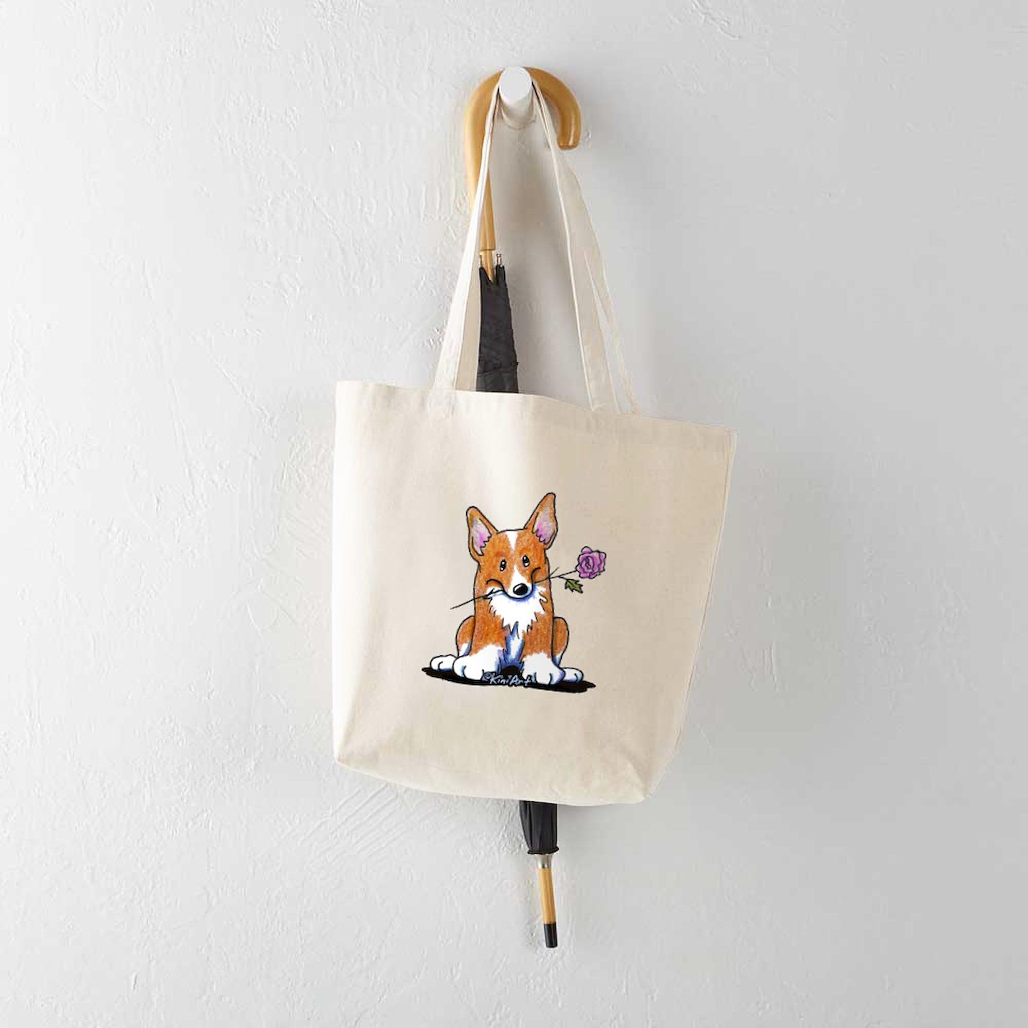 CafePress Corgi with Flower Canvas Tote Bag - Natural Reusable Grocery Shopping Bag for Women, Beach, Farmers Market & Everyday Use