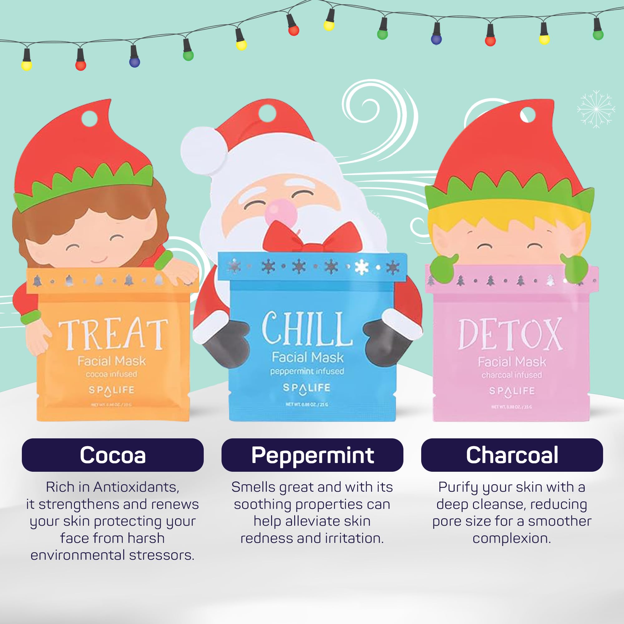SpaLife Santa's Squad Hydrating Facial Sheet Masks - 12 Pack Korean Skincare for Moisturizing, Soothing & Glowing Skin - Perfect for Self-Care, Spa Day & Holiday Gifts