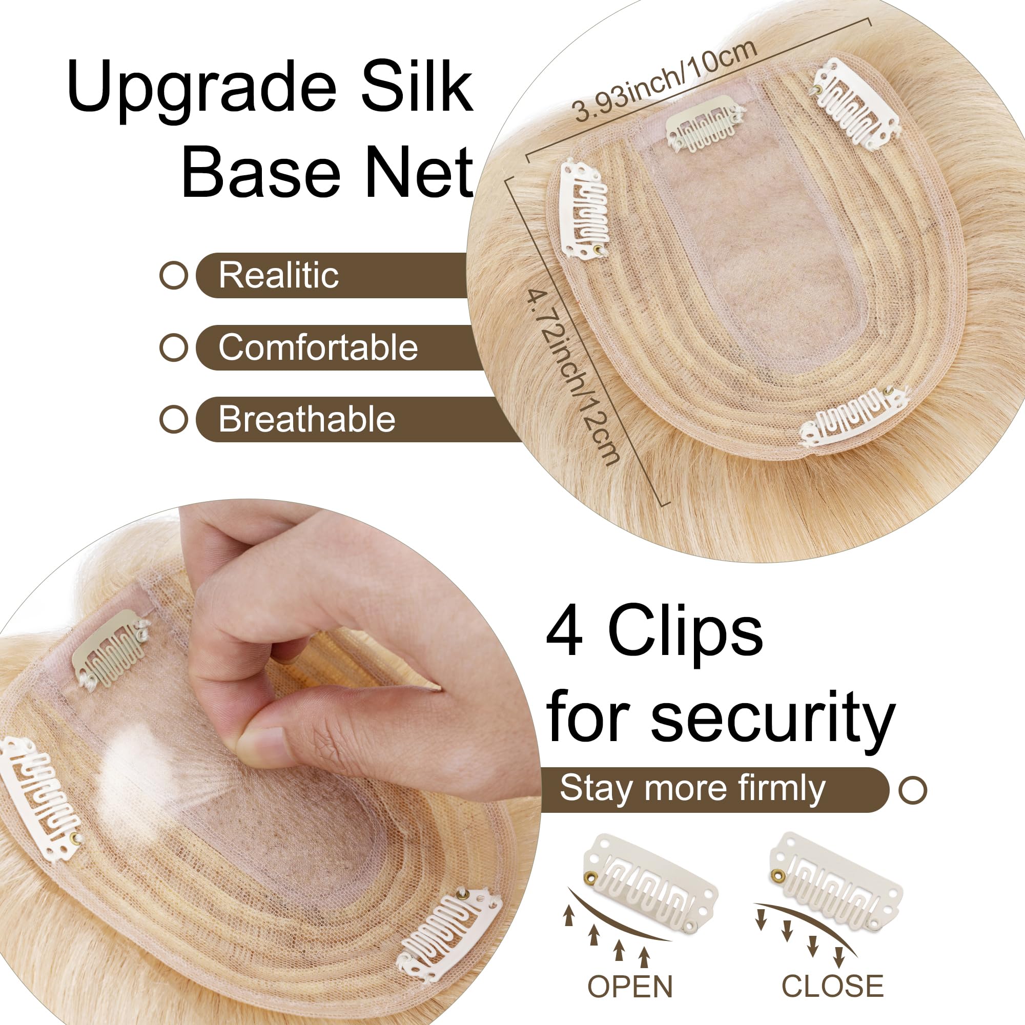 SEGO Real Human Hair Toppers for Women - No Bangs, 130% Density, 10x12cm Silk Base, 100% Remy Human Hair Clip-in Top Wiglet for Thinning Hair (10 Inch, Ash Blonde & Bleach Blonde) - Perfect for Daily Wear, Parties & Special Occasions