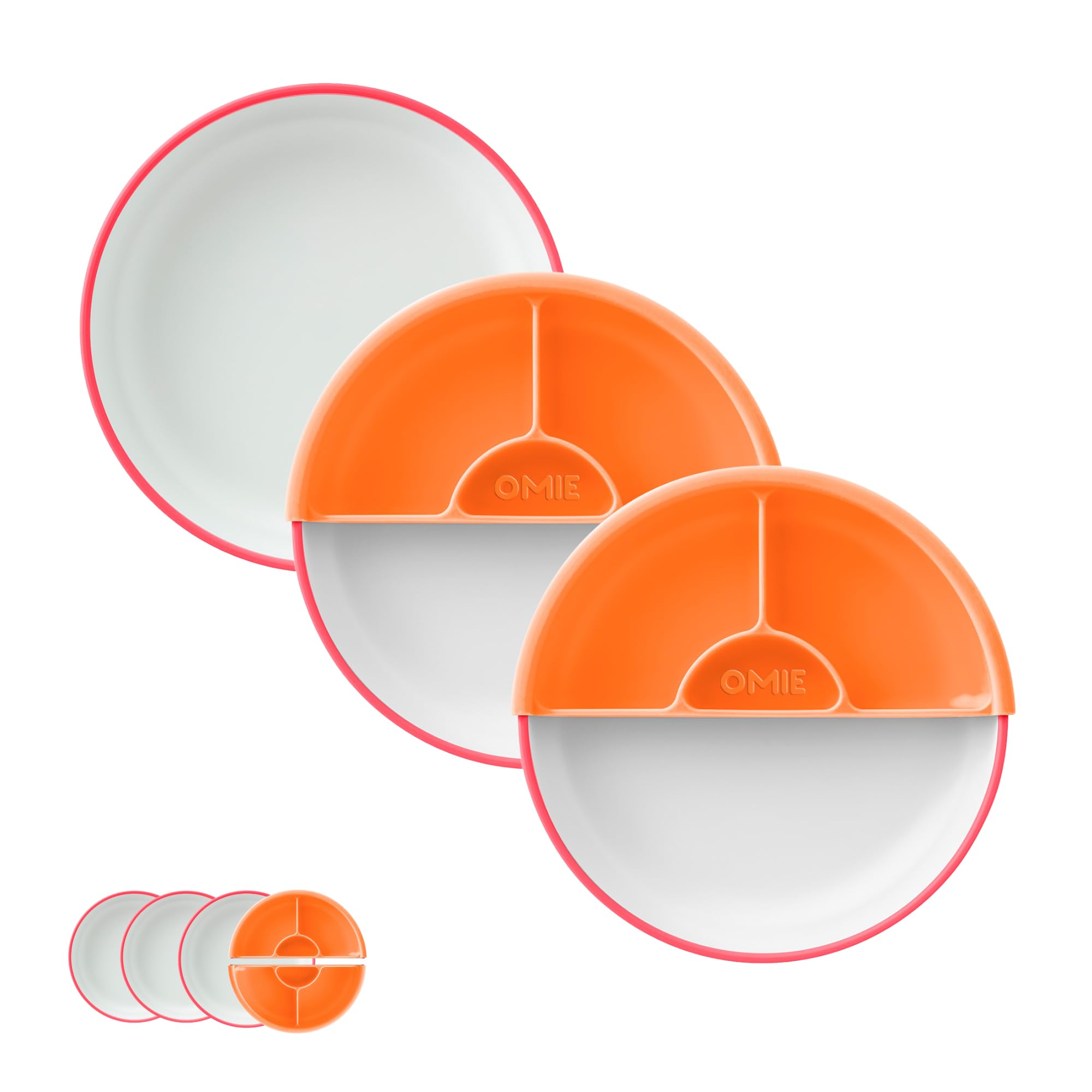 Omie® Easy Scoop Kids Plates - Eco-Friendly Plant-Based Dishware with Built-In Spoon Guide | 3 Divided Plates + 2 Silicone Dividers | Pink | Perfect for Toddler Mealtime & Mess-Free Dining