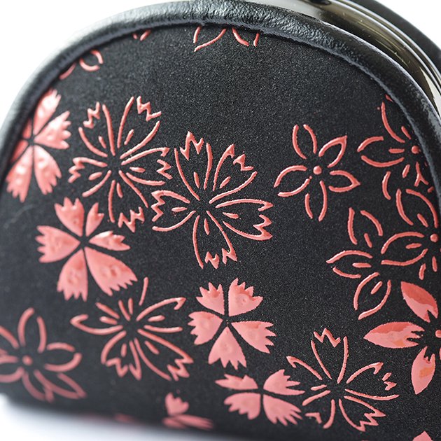 Premium Japanese Deerskin Leather Coin Purse with Urushi Lacquer Clasp - Cherry Blossom & Gray Black - Handmade in Japan - Elegant Gamaguchi Change Purse for Women's Accessories, Gift Giving & Travel Essentials