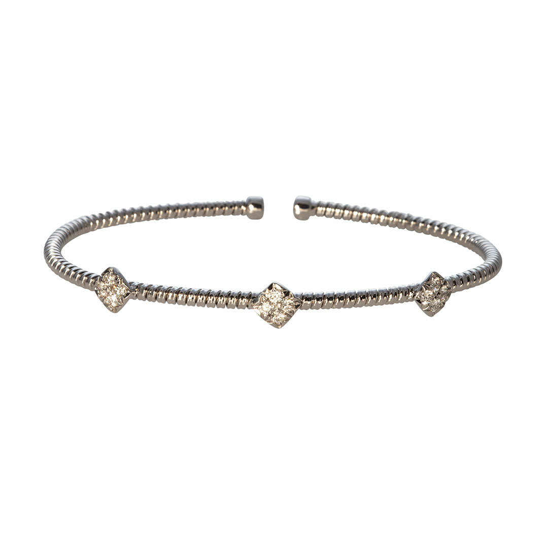 18K White Gold Diamond 3 Station Flexible Cuff Bangle Bracelet for Women - Elegant Jewelry Gift for Anniversary, Wedding & Special Occasions