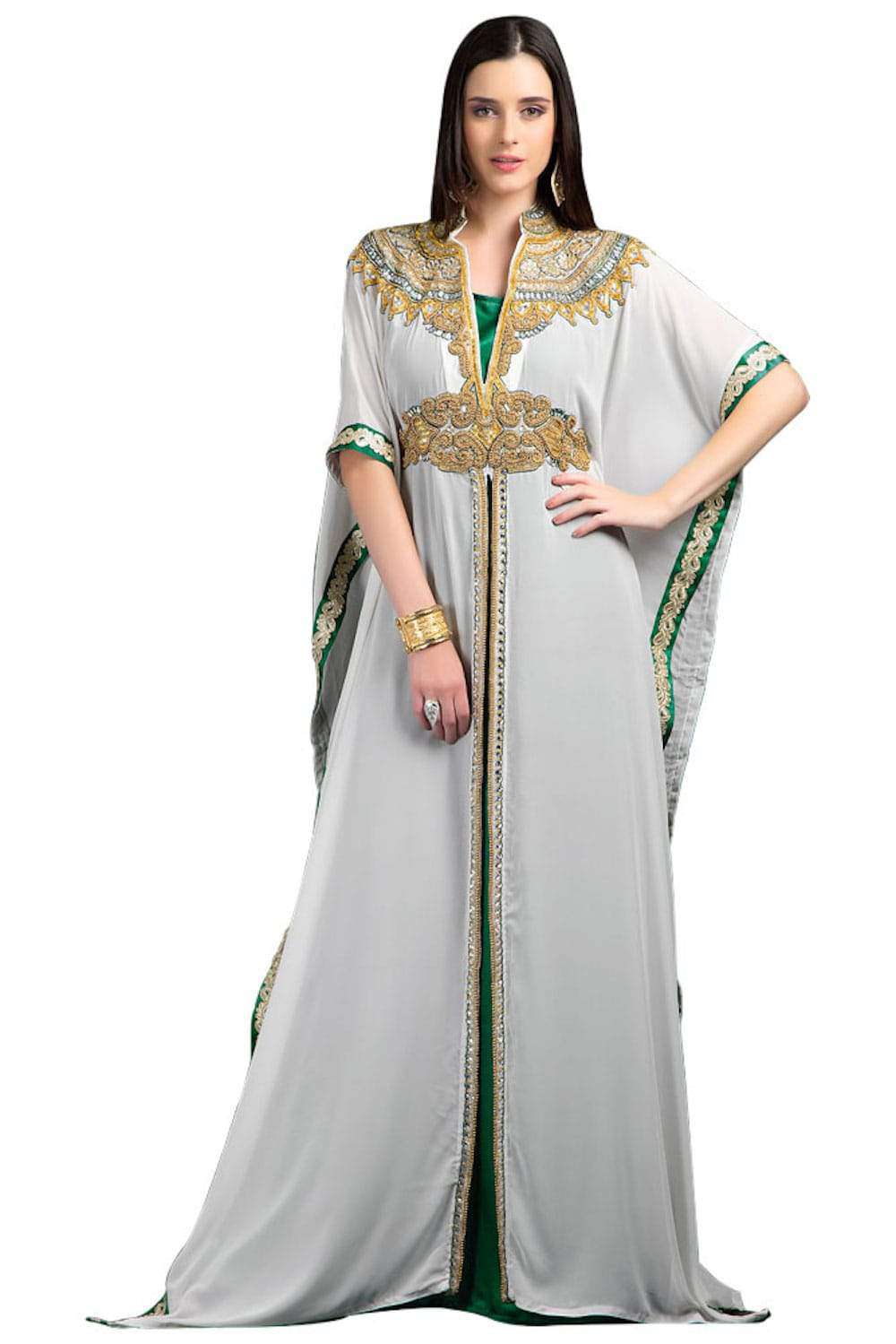 Elegant Green and White Long Dress with Hand Embroidery - Perfect for Weddings, Parties, and Special Occasions