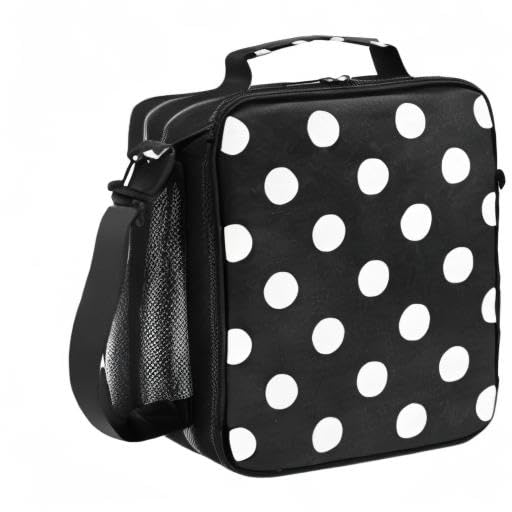 Insulated Lunch Box for Women & Kids - Large Polka Dot Black Lunch Bag with Shoulder Strap, Meal Prep Tote for Work, School & Picnics | Keeps Food Warm or Cold | Perfect for Office, College & Outdoor Activities