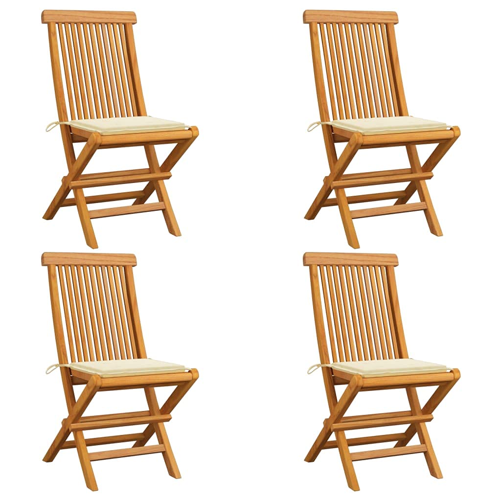 Premium 4-Piece Folding Teak Wood Garden Chairs with Cream Cushions - Outdoor Patio Furniture for Camping, Beach, Poolside & Deck Relaxation | Weather-Resistant Foldable Wooden Chairs for Backyard, Garden & Picnic Use