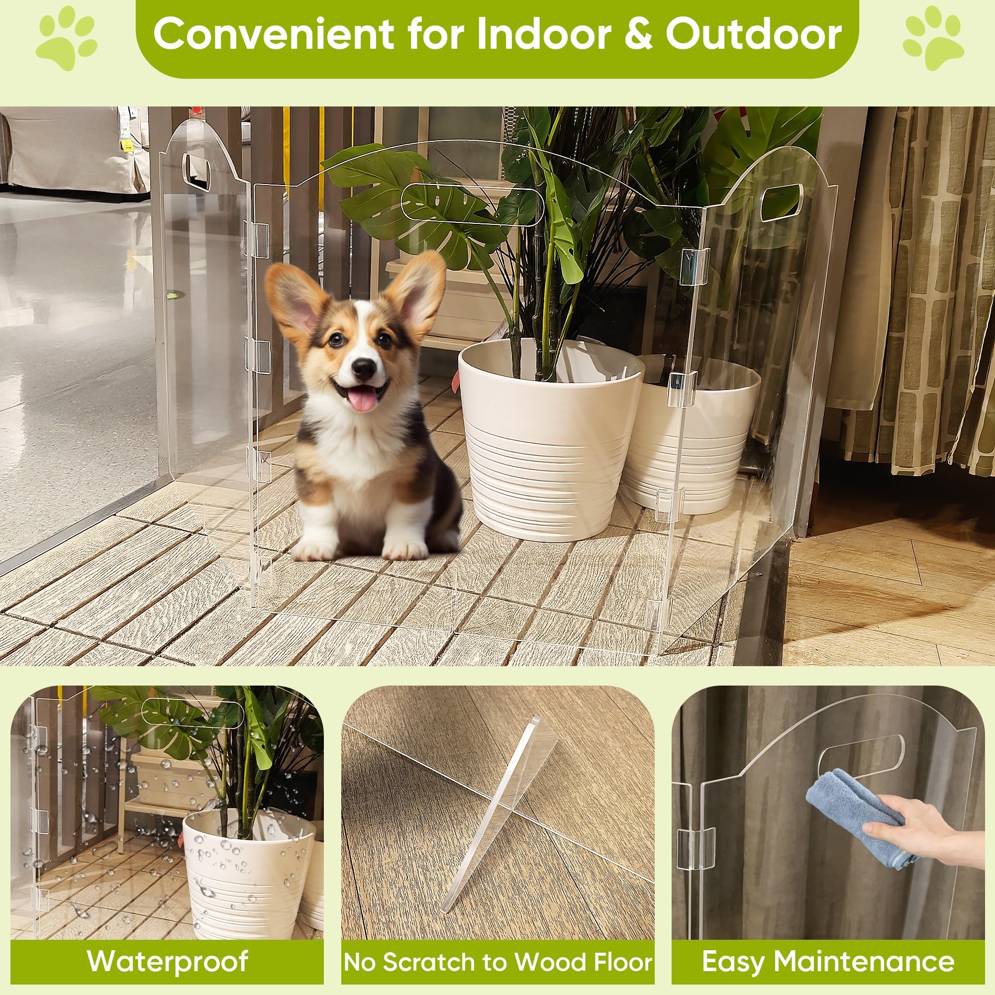Clear Acrylic Dog Gate - 3 Panel Freestanding Pet Barrier for Doorways | Foldable Puppy & Cat Fence for Indoor Use | Home Safety Solution for Pets (Perfect for Hallways, Stairs & Room Separation)