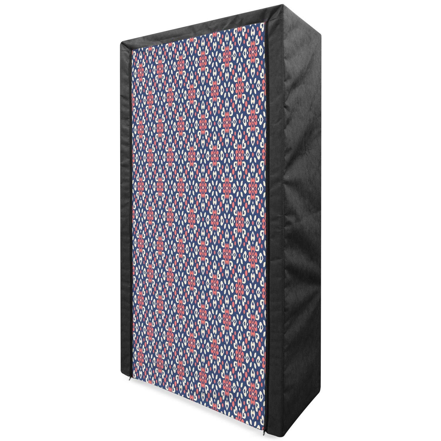 Ambesonne Abstract Portable Fabric Wardrobe - Floral Hearts Mosaic Pattern Clothing Organizer with Shelves, 33.5 Inch - Night Blue Ivory Coral | Perfect for Bedroom Closet Storage, Dorm Room Organization & Travel Garment Storage