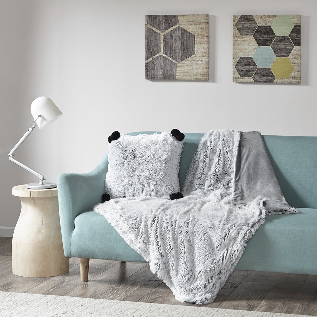 Intelligent Design Emma Shaggy Extra Long Fur Pompoms Ultra Soft Luxury Square Decorative Throw Pillows for Couch & Bed - 20x20 Inches Grey - Perfect for Living Room Decor, Sofa Accent & Bedroom Styling
