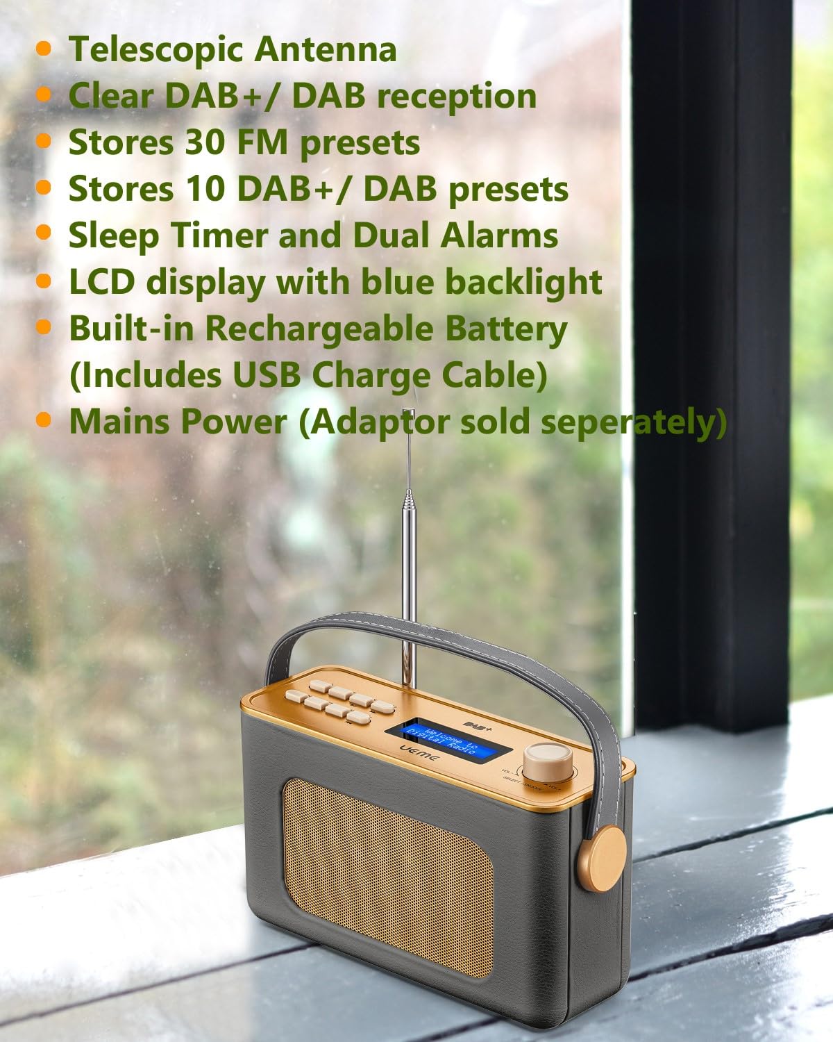 **UEME Retro DAB/DAB+ FM Wireless Portable Radio - Bluetooth, USB Rechargeable Battery, Digital & Analog Tuning (Charcoal Grey) - Perfect for Home, Office, Travel & Outdoor Adventures**