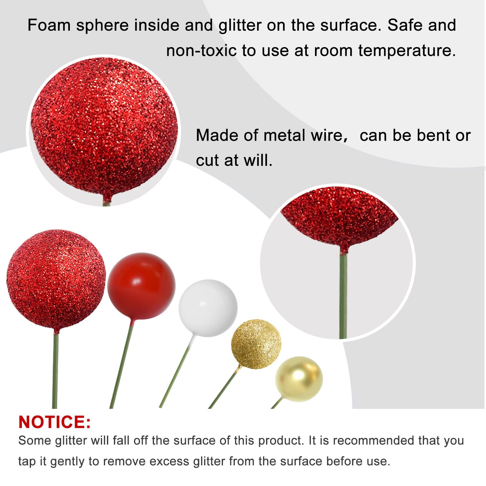 50 Pcs Gold & Red Ball Cake Topper Sticks - Mini Balloon Foam Balls for Cake Decorating Supplies - Perfect for Christmas, Birthday, Wedding, Baby Shower Cakes & Cupcake Toppers