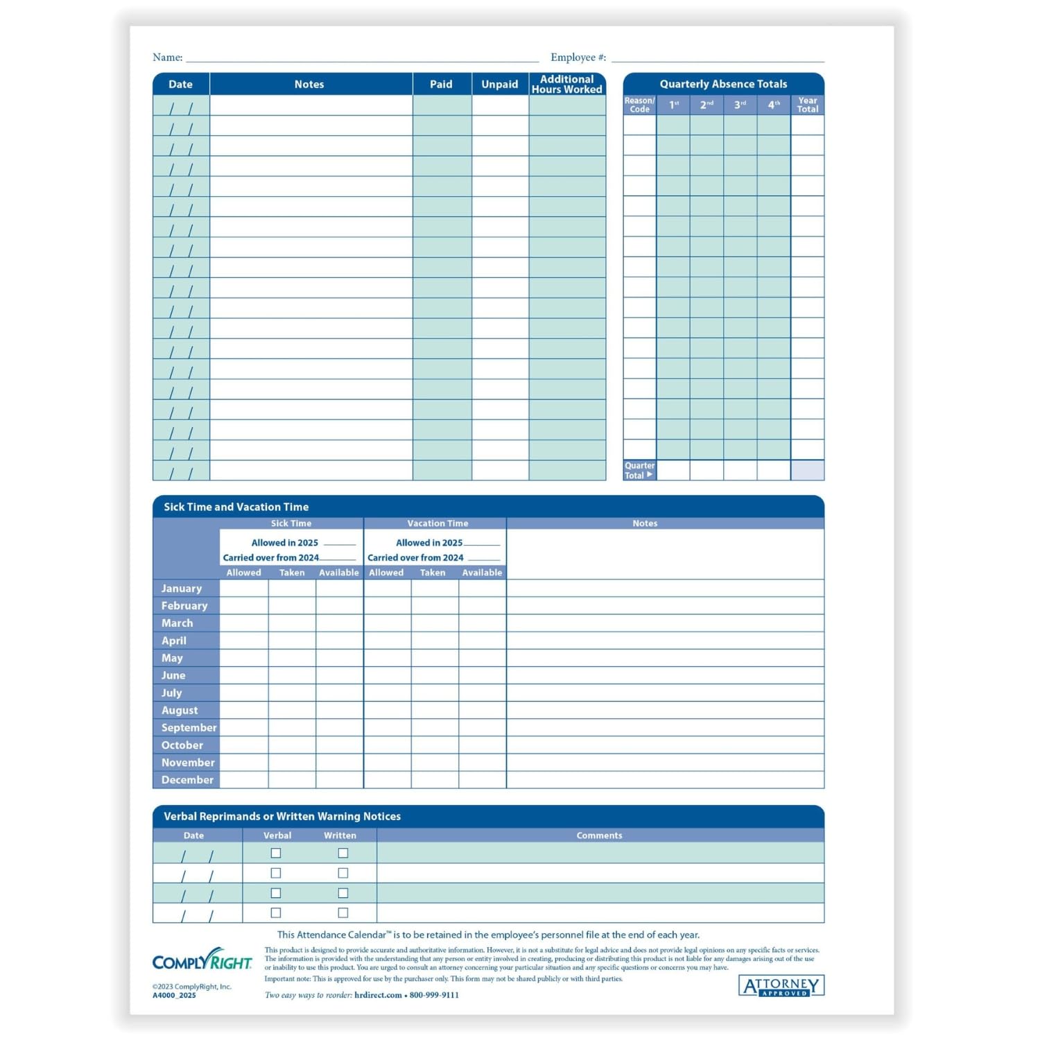 2025 Attendance Calendar Card - Pack of 25 White Business Cards - Perfect for Office, School, and Event Tracking