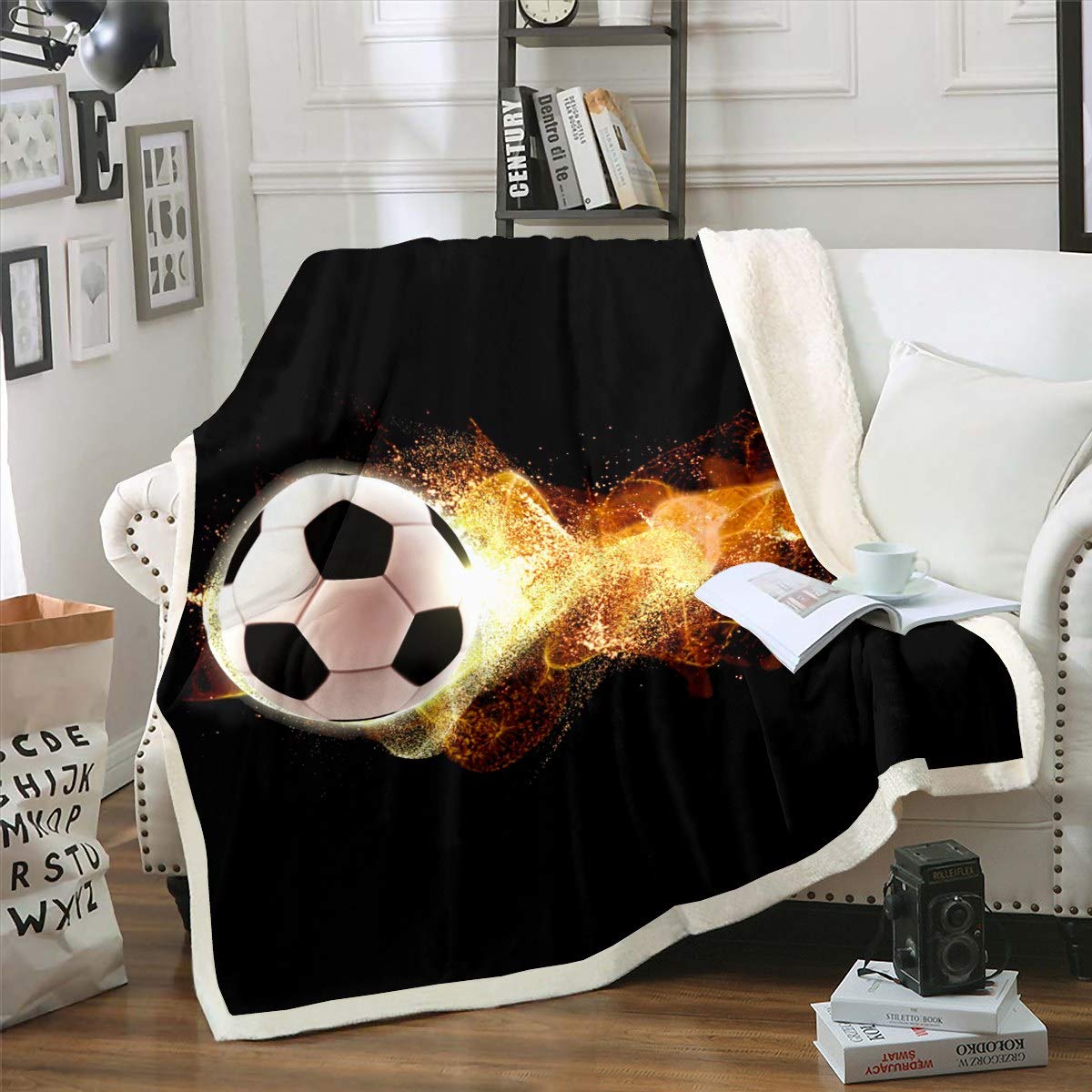 Football Sherpa Fleece Throw Blanket - Soccer Ball Pattern Plush Blanket for Sofa, Couch & Bed - Golden Black White Warm Fuzzy Blanket Queen Size 90x90 Inches - Perfect for Game Nights, Bedroom Decor & Cozy Winter Evenings