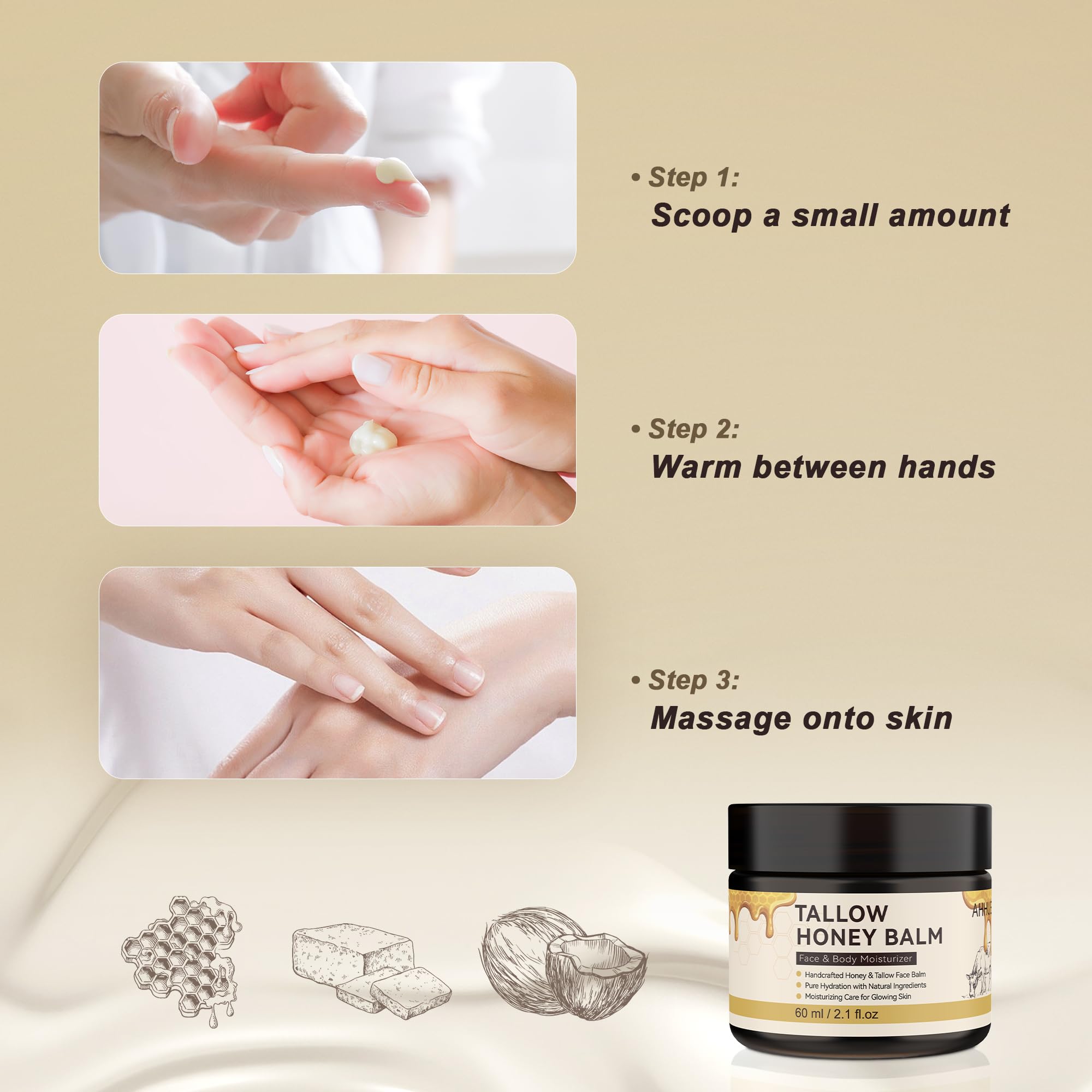 Grass-Fed Beef Tallow Balm - Natural Skin Moisturizer for Face & Body (60ml) - Perfect for Dry Skin Care