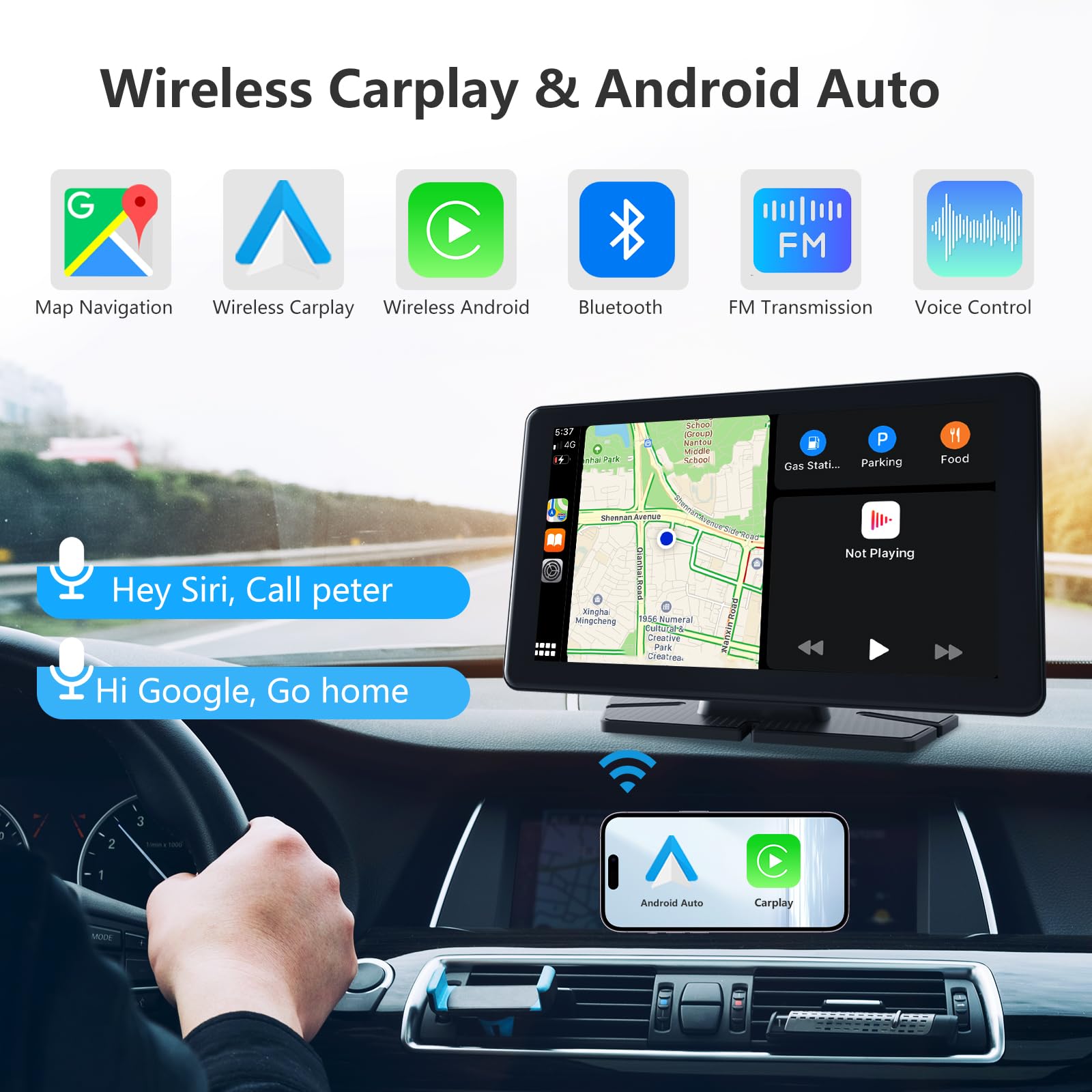7 Inch Wireless Carplay Screen with Apple CarPlay & Android Auto - GPS Navigation, Backup Camera, Bluetooth, AUX, FM, Siri & Voice Control - Universal Fit for All Cars - Perfect for Road Trips & Daily Commuting