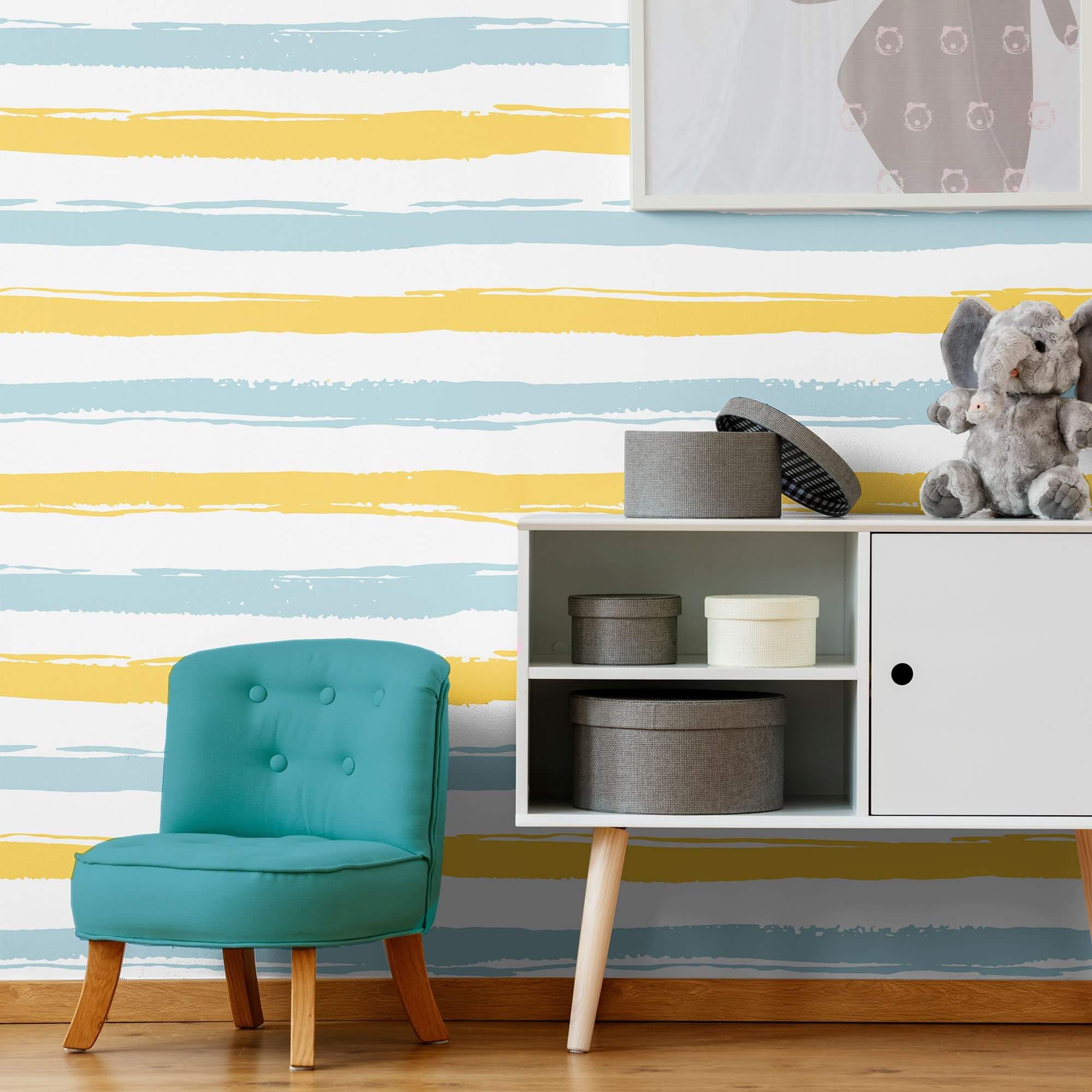Blue and Yellow Striped Peel and Stick Removable Wallpaper - Self-Adhesive Decorative Wall Covering for Bedroom, Nursery, Living Room & Office Decor