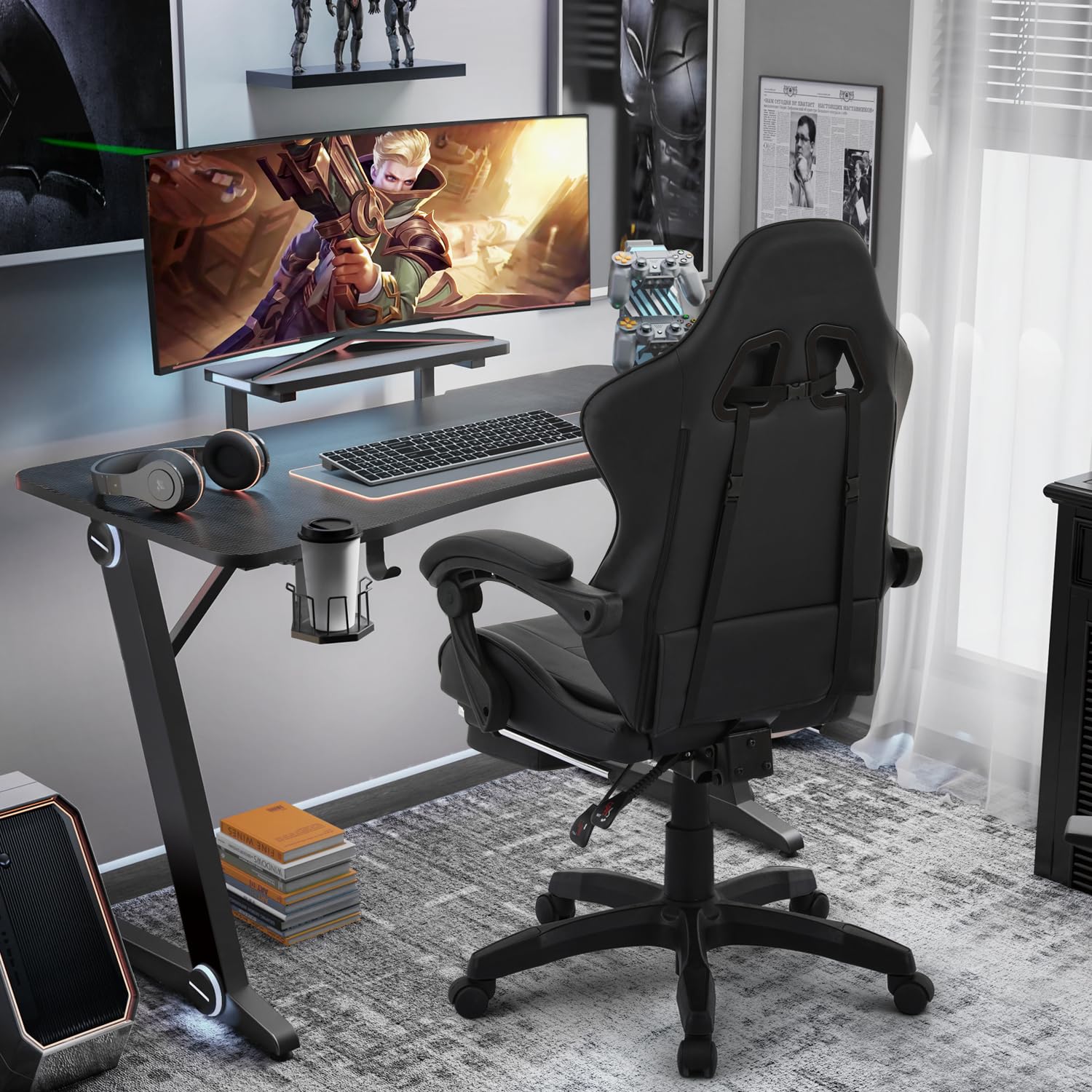 Premium Ergonomic Gaming Chair with Adjustable Height, Footrest & Lumbar Support - Carbon Fiber Leather High Back Racing Chair for Adults & Teens - Perfect for Office Work, PC Gaming & Home Entertainment (Black)